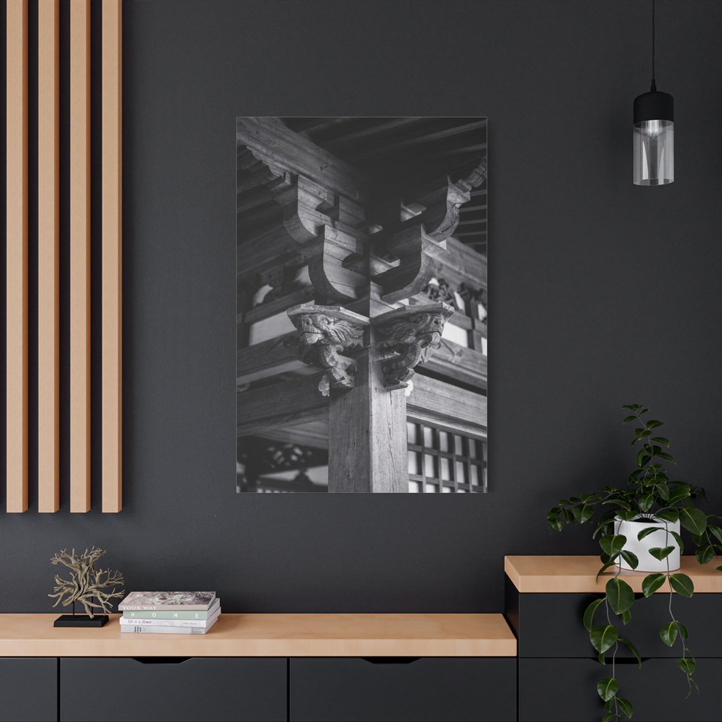 Japanese Temple Architecture Canvas Wall Art - Black And White Wooden Carved Bracket Art Print - Traditional Zen Style - Living Room Wall Decor, Bedroom Home Decoration - Bedroom Home Decoration