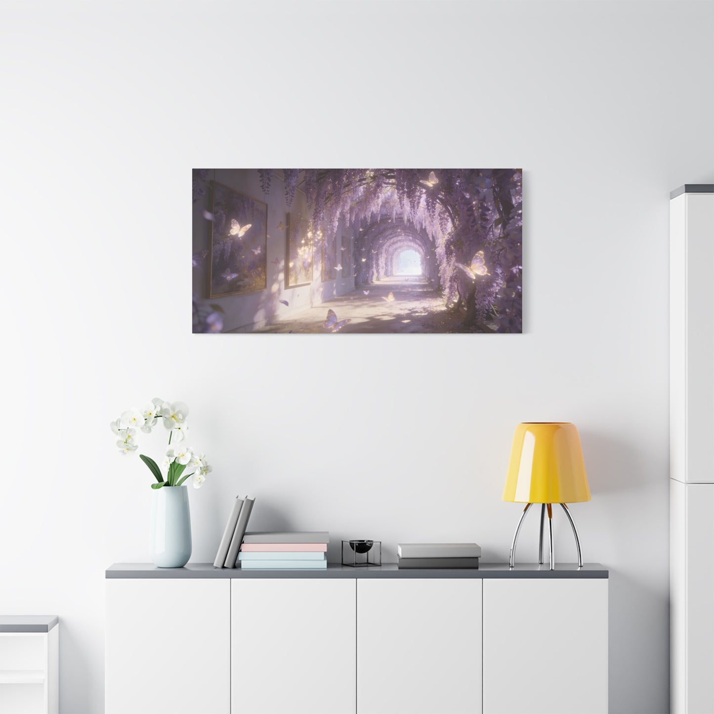 Wisteria Butterfly Canvas Wall Art - Dreamy Floral Tunnel Illustration, Lavender Glow, Matte Cotton Print - Contemporary Fantasy Style - Bedroom Wall Decor, Living Room Home Accent - Ready to Hang
