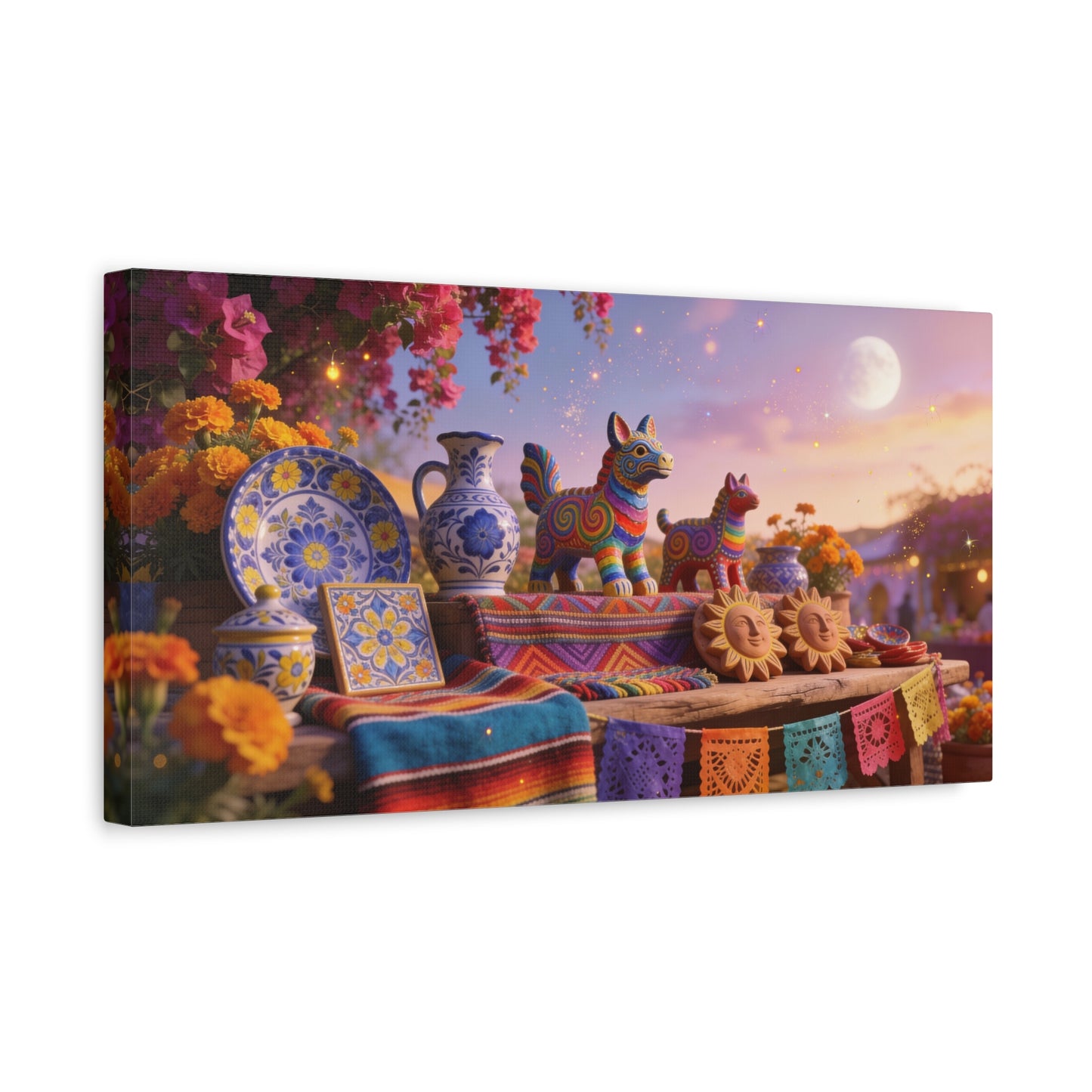 Talavera Pottery Folk Art Canvas Wall Art - Colorful Mexican Table Still Life, Moonlit Fiesta Decor - Matte Cotton Print - Bohemian Living Room Wall Decor, Dining Room Accent - Bedroom Home Decoration