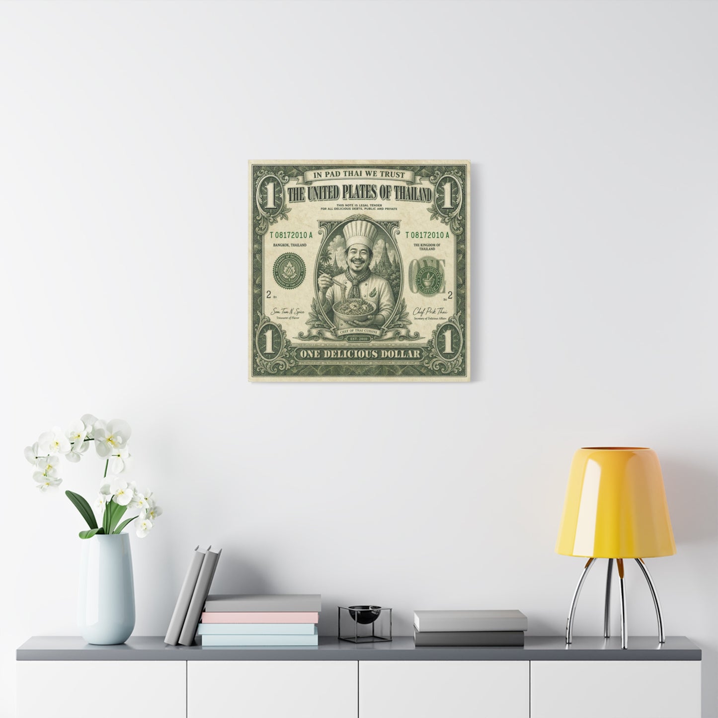 "In Pad Thai We Trust" Typography Canvas Wall Art - Vintage Thai Currency Illustration, Chef Portrait, Bangkok Thailand Food Poster Style - Kitchen Wall Decor, Dining Room Accent - Ready to Hang
