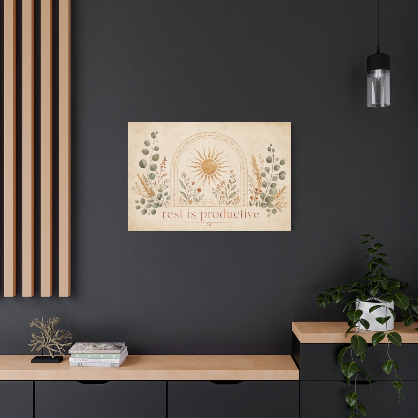 "Rest Is Productive" Inspirational Canvas Wall Art - Boho Sun And Botanical Arch Print - Neutral Typography Decor - Bedroom Living Room Decoration - Office Wall Art - Bedroom Home Decoration
