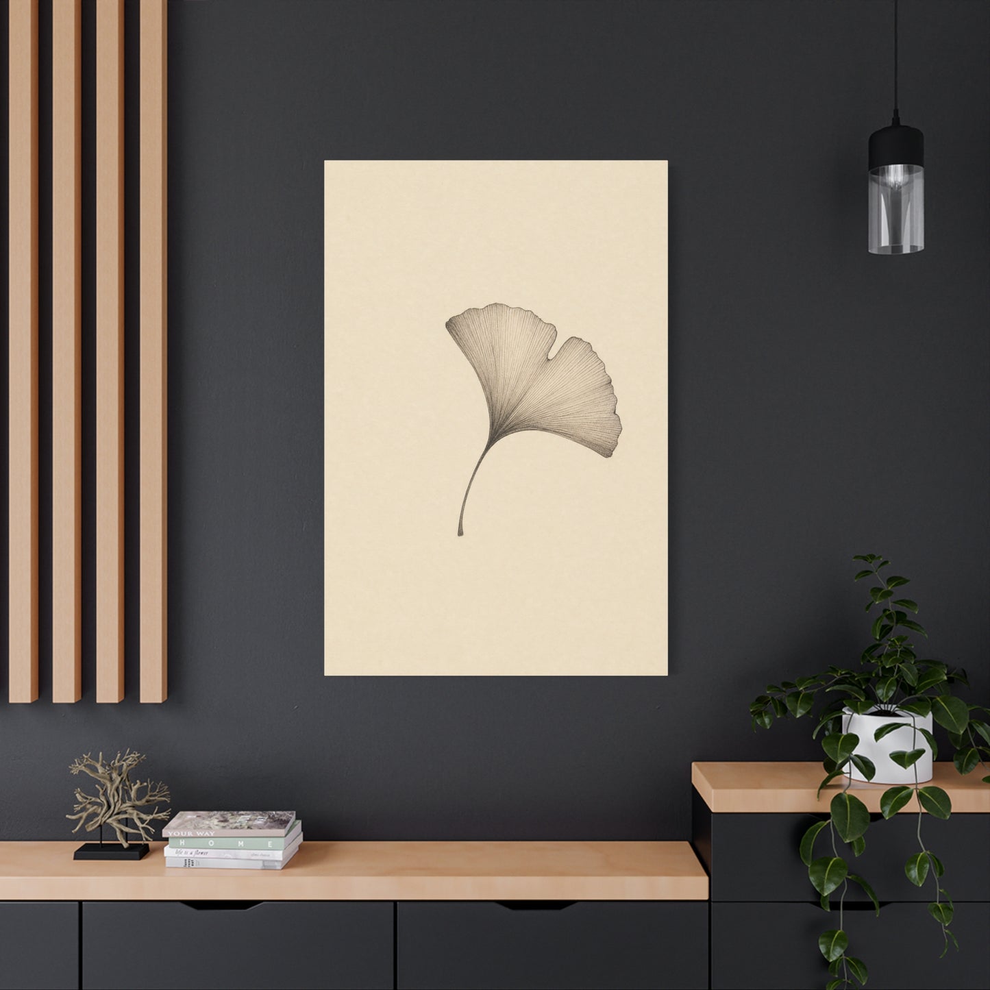 Ginkgo Leaf Canvas Wall Art - Minimalist Botanical Line Drawing, Neutral Beige Cotton Art Print - Contemporary Zen Style - Bedroom Wall Decor, Living Room Home Decoration - Bedroom Home Decoration