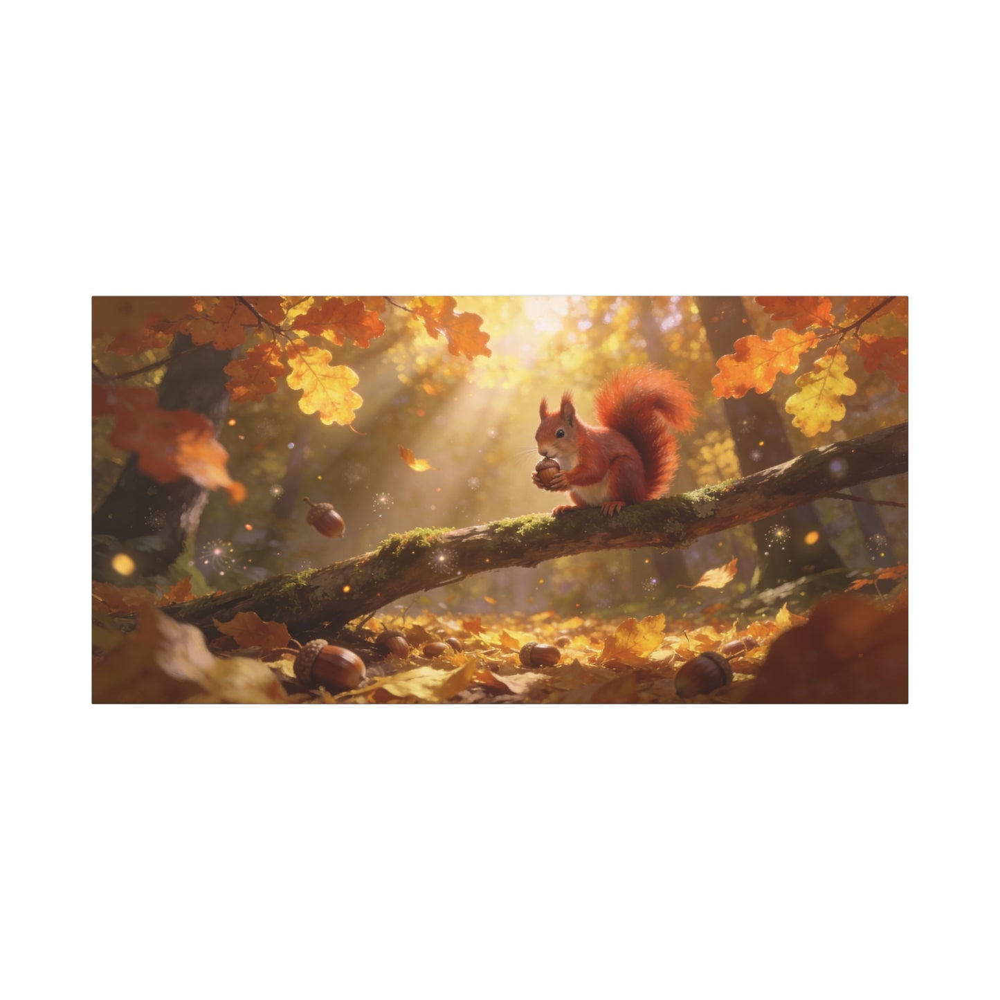 Red Squirrel Canvas Wall Art - Autumn Forest Acorn Scene, Golden Sunlight, Matte Cotton Print - Rustic Woodland Decor, Living Room Accent, Bedroom Decoration, Office Nature Artwork - Office Wall Art