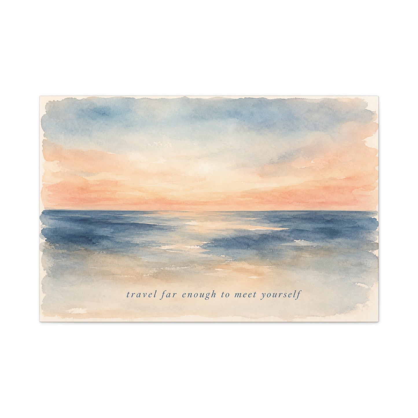 "Travel Far Enough To Meet Yourself" Coastal Canvas Wall Art - Watercolor Ocean Sunset Quote Print - Serene Beach Seascape Decor - Bedroom Living Room Wall Decor - Bedroom Home Decoration