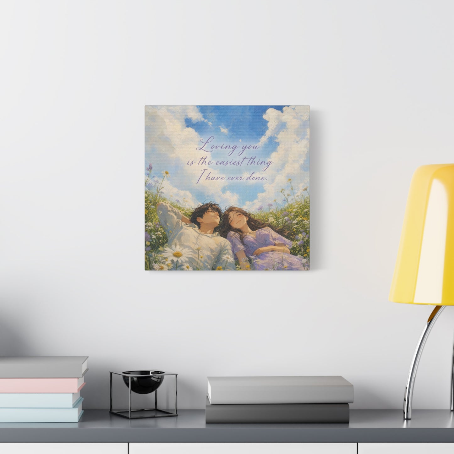 "Loving You Is The Easiest Thing I Have Ever Done." Canvas Wall Art - Romantic Couple In Wildflower Meadow Sky Quote Print - Dreamy Pastel Illustration - Ready to Hang - Living Room Wall Decor