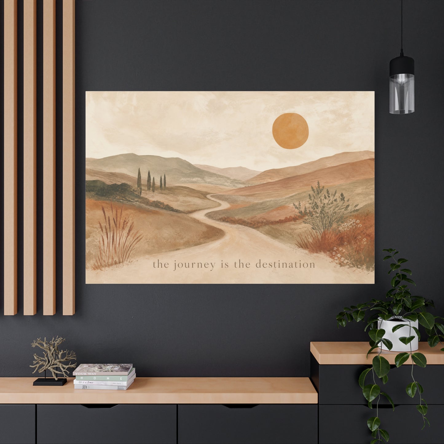 "The Journey Is The Destination" Landscape Canvas Wall Art - Desert Hills, Winding Path, Terracotta Sun - Minimalist Typography Print - Bedroom Wall Decor, Living Room Home Decoration - Ready to Hang