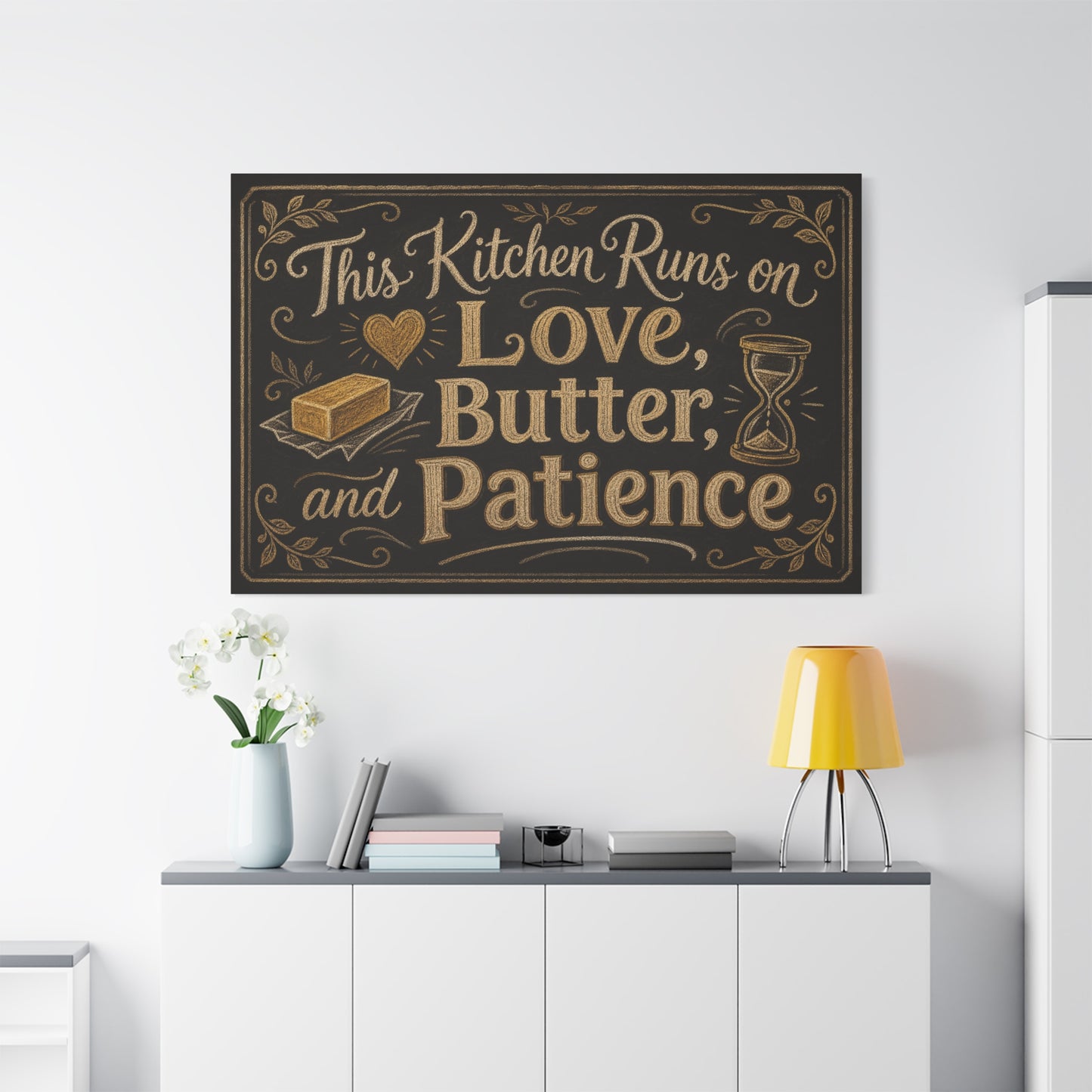 "This Kitchen Runs On Love, Butter, And Patience" Canvas Wall Art - Rustic Typography Kitchen Decor - Chalkboard Style Cotton Print - Ready to Hang