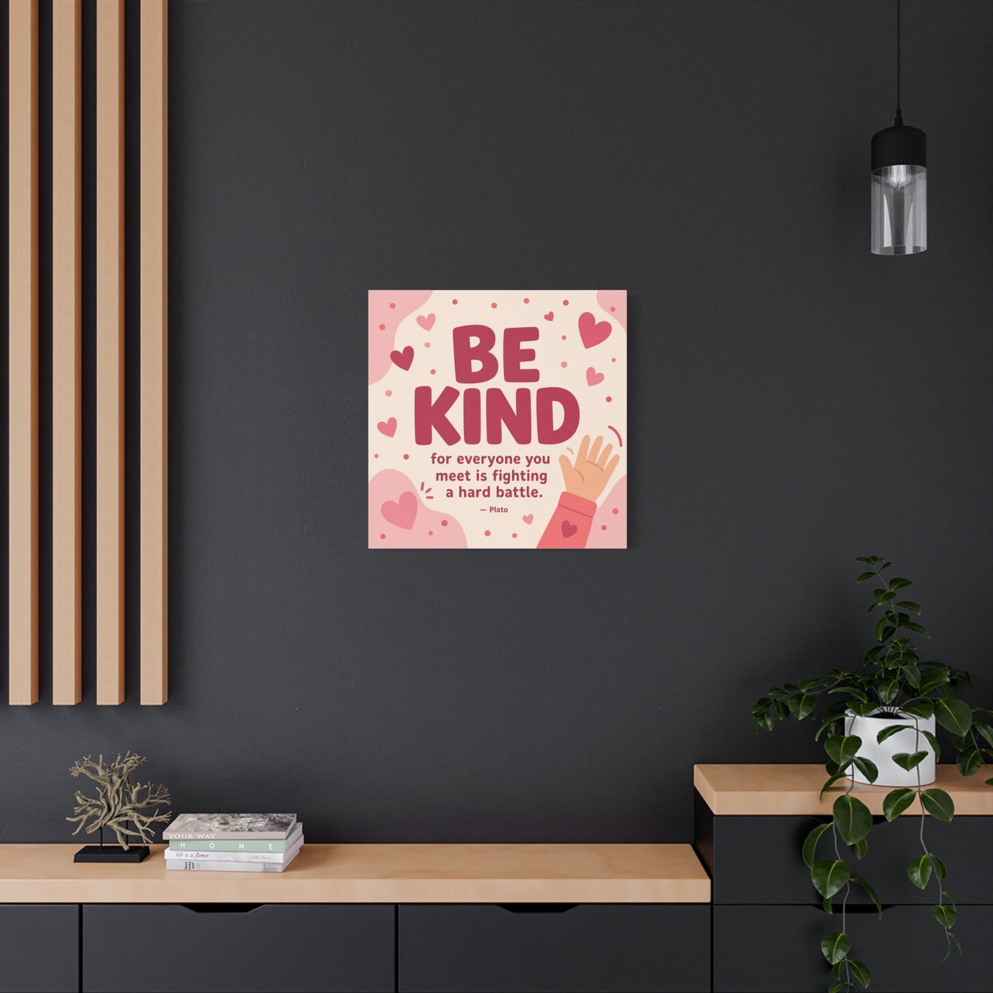 "Be Kind For Everyone You Meet Is Fighting A Hard Battle. - Plato" Canvas Wall Art - Pink Heart Typography Print - Inspirational Bedroom Decor - Modern Nursery Wall Hanging - Bedroom Home Decoration