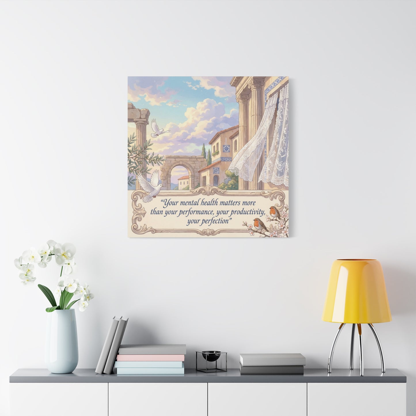 "Your Mental Health Matters More Than Your Performance, Productivity, Perfection" Canvas Wall Art - Dove Courtyard Quote Print - Pastel Mediterranean Decor - Bedroom Office Wall Hanging