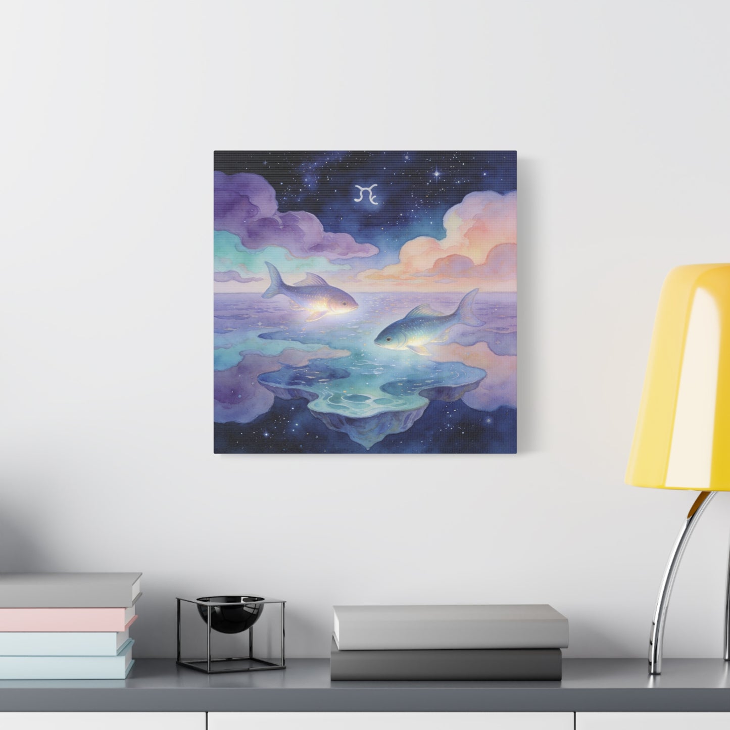 Pisces Zodiac Canvas Wall Art - Celestial Fish Over Dreamlike Sea, Watercolor Illustration - Mystical Night Sky, Matte Canvas Print - Bedroom Wall Decor, Meditation Space Accent - Ready to Hang