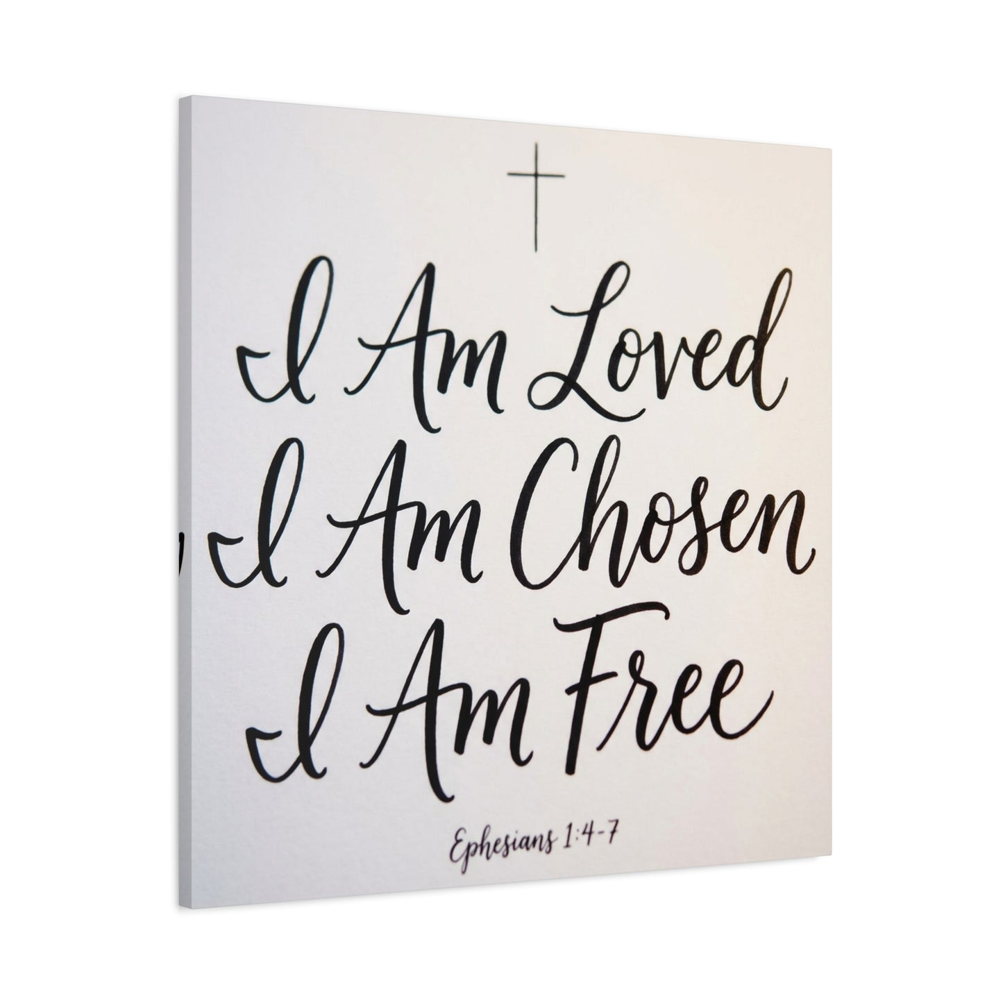 "I Am Loved, Chosen, Free" Christian Canvas Wall Art - Ephesians 1:4-7 Scripture Cross Print - Neutral Typography Decor - Bedroom Home Decoration, Living Room Wall Decor - Ready to Hang