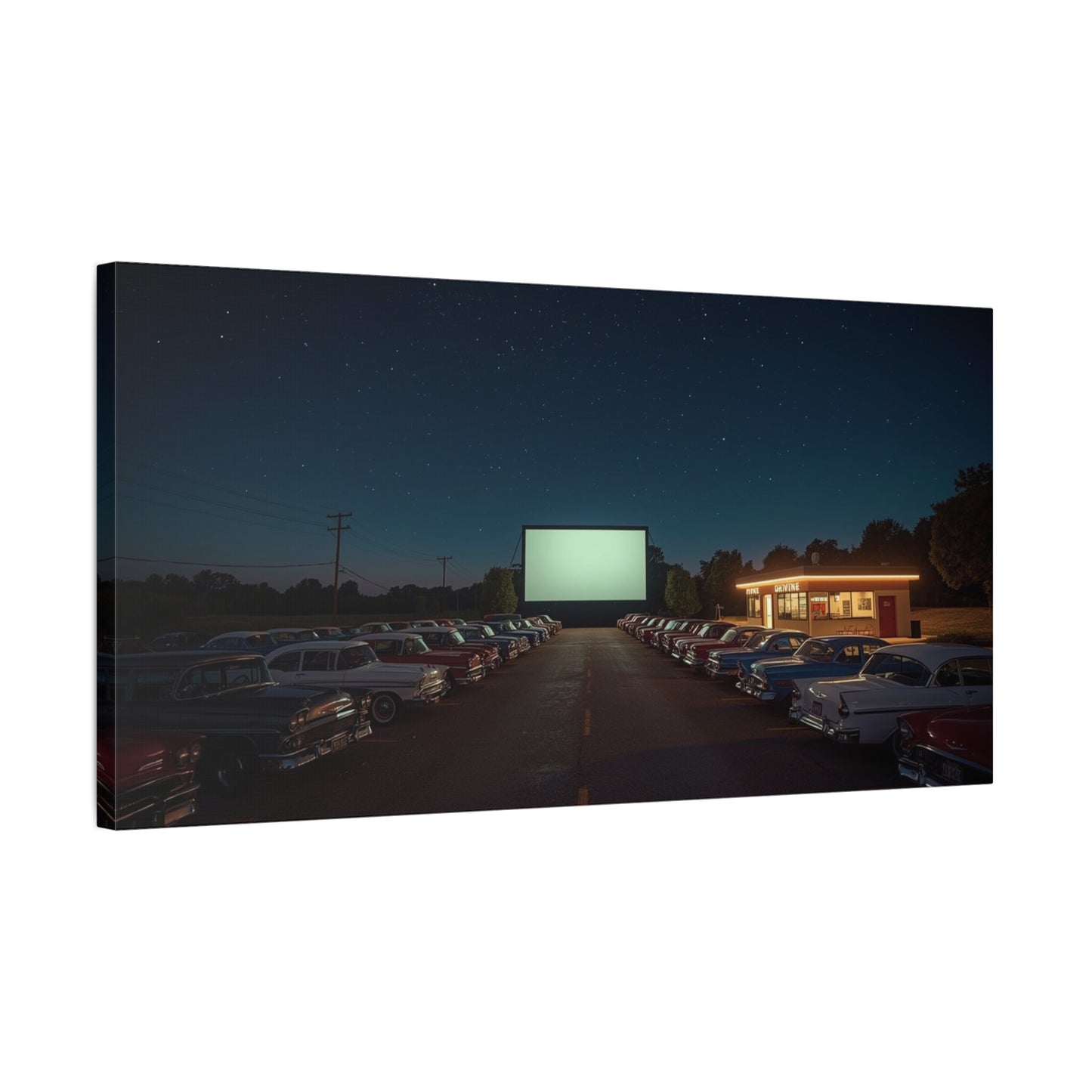 Vintage Drive-In Theater Canvas Wall Art - Starry Night Cinema Parking Lot, Retro Americana Art Print - Moody Contemporary Style - Living Room Wall Decor, Office Art - Bedroom Home Decoration