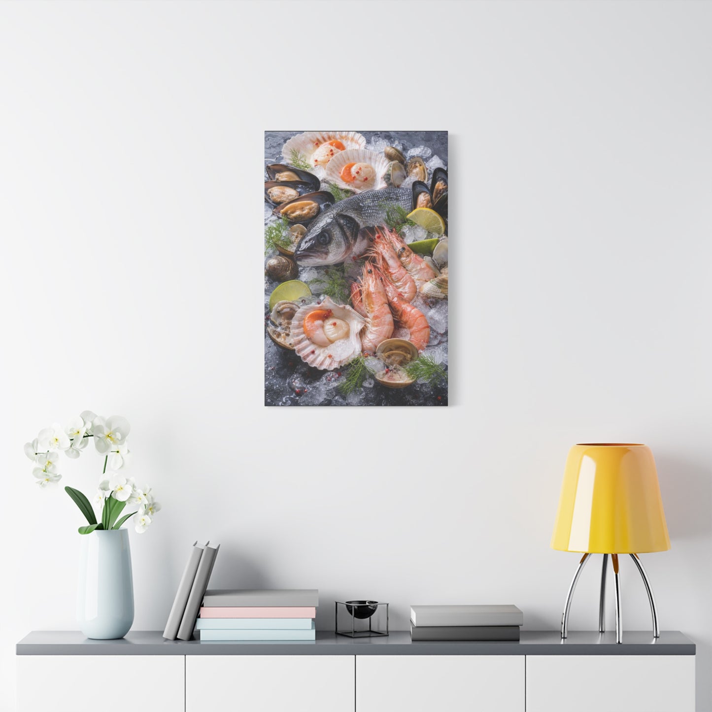 Seafood Still Life Canvas Wall Art - Fish, Shrimp, Scallops On Ice Food Print - Coastal Kitchen Decor, Dining Room Wall Decor, Contemporary Home Decoration, Matte Canvas Print - Modern Farmhouse Style