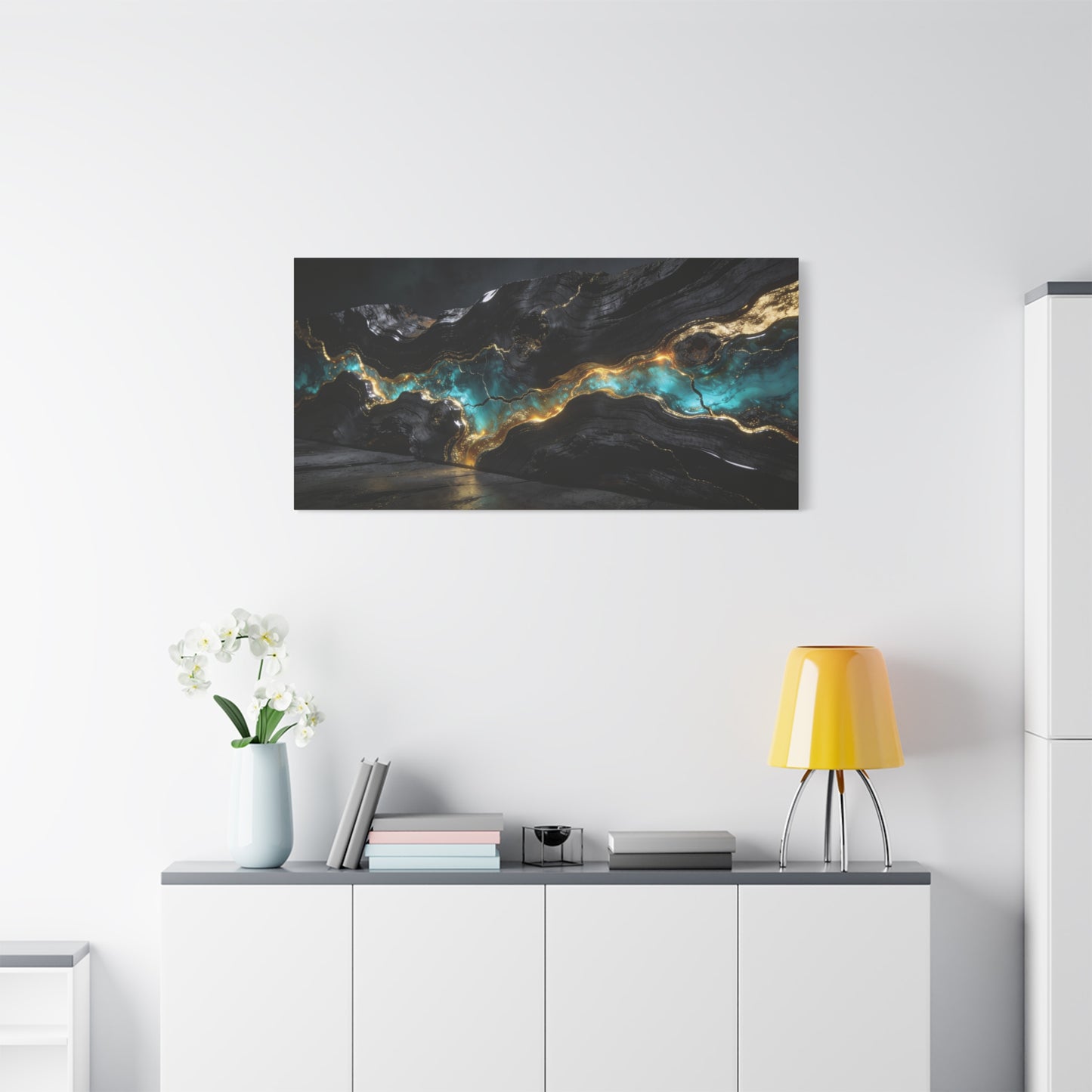 Abstract Black Gold Teal Canvas Wall Art - Modern Geode Marble Flow Design - Matte Cotton Art Print - Contemporary Living Room Wall Decor, Office Wall Art, Bedroom Decoration - Bedroom Home Decoration
