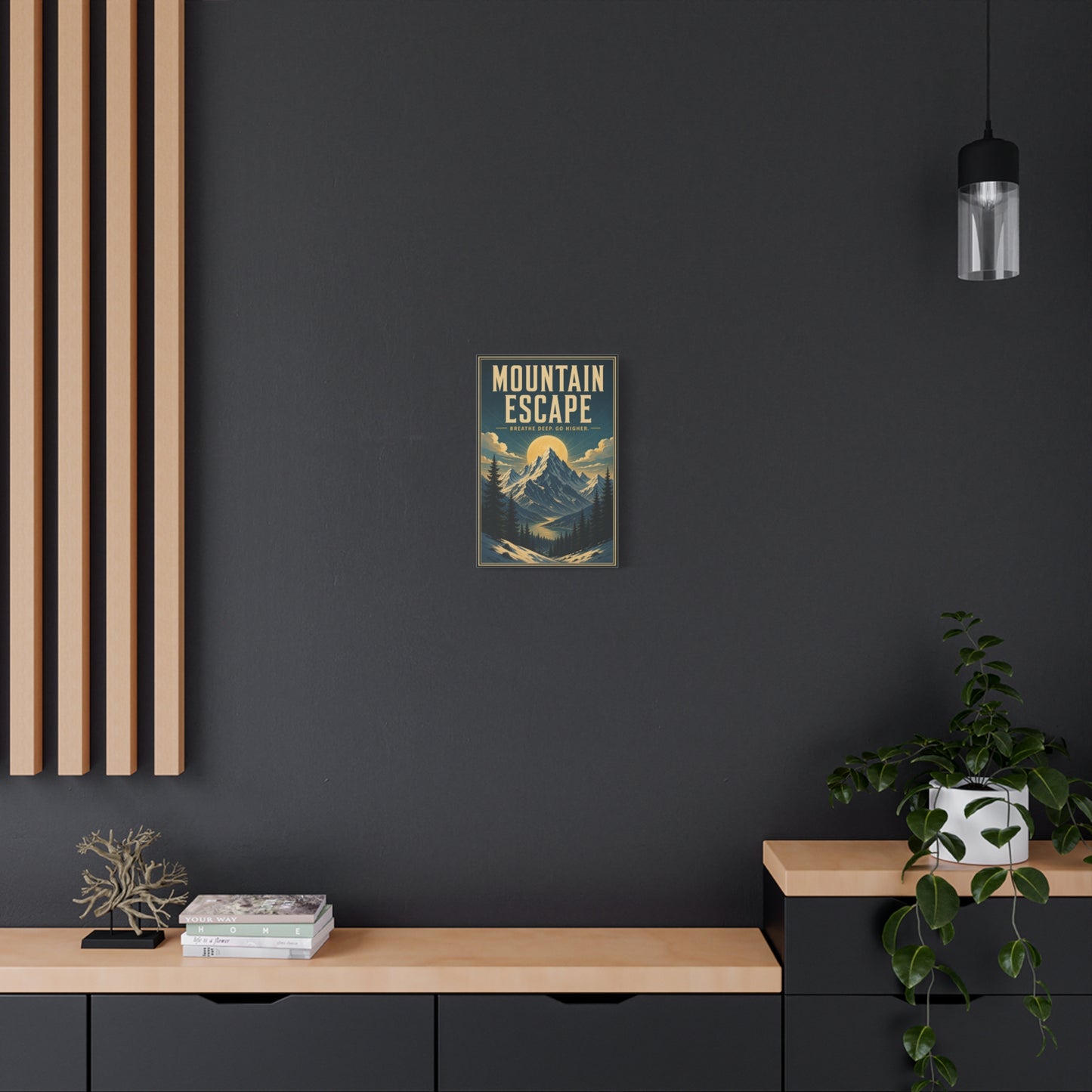 "Mountain Escape Breathe Deep. Go Higher." Canvas Wall Art - Vintage Mountain Landscape Poster Print, Sunlit Alpine Peaks, Rustic Lodge Style, Living Room Wall Decor, Office Art - Ready to Hang