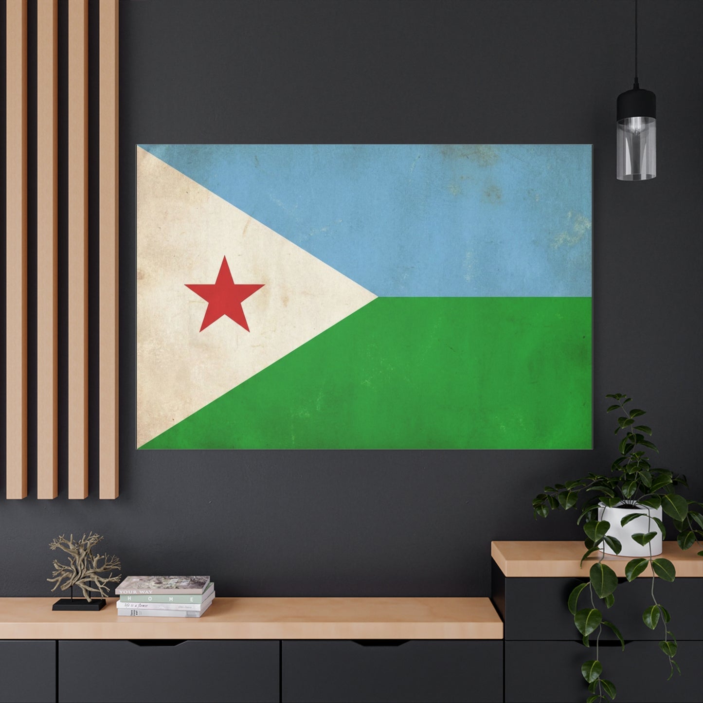 Djibouti Flag Canvas Wall Art - Vintage National Banner Print, Patriotic Home Decor - Distressed Blue Green White Red Star Design - Living Room Decoration - Living Room Wall Decor - Ready to Hang