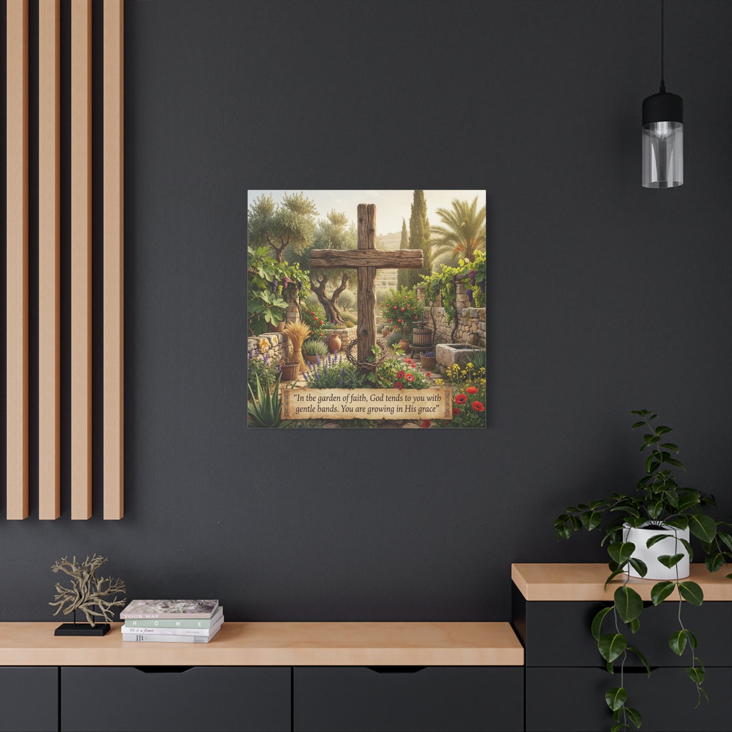 "In The Garden Of Faith, God Tends To You With Gentle Hands. You Are Growing In His Grace" Canvas Wall Art - Rustic Wooden Cross, Christian Garden Scene - Living Room Wall Decor - Ready to Hang