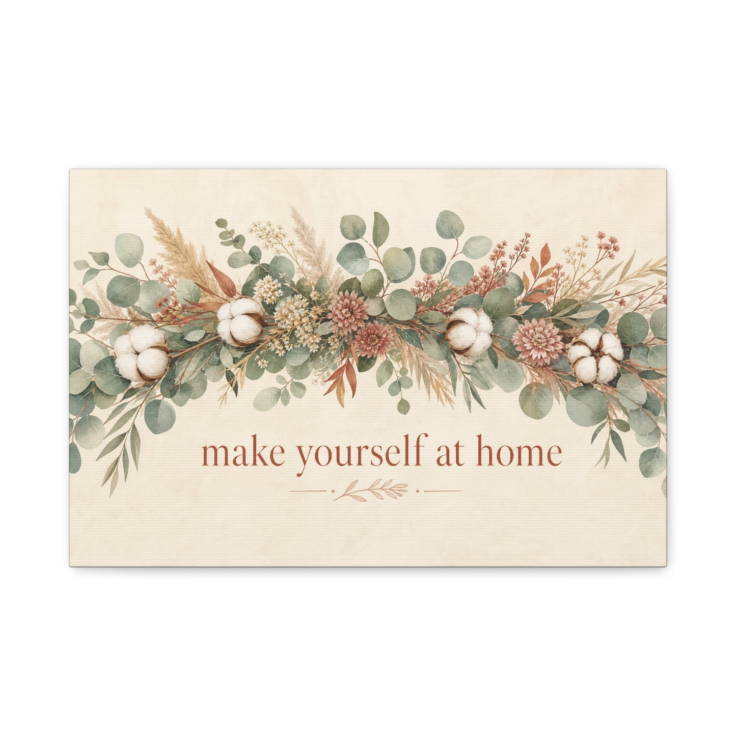 "Make Yourself At Home" Botanical Canvas Wall Art - Eucalyptus Cotton Stem Floral Quote Print - Rustic Farmhouse Style - Living Room Wall Decor - Modern Farmhouse Style - Bedroom Home Decoration
