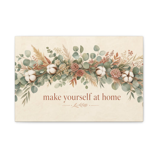 "Make Yourself At Home" Botanical Canvas Wall Art - Eucalyptus Cotton Stem Floral Quote Print - Rustic Farmhouse Style - Living Room Wall Decor - Modern Farmhouse Style - Bedroom Home Decoration