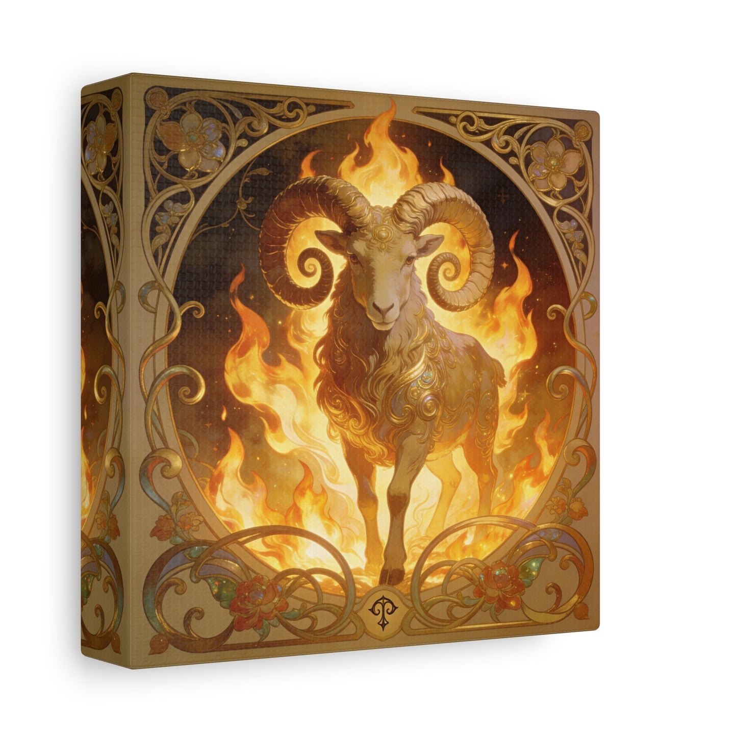 Aries Ram Canvas Wall Art - Fiery Zodiac Illustration, Ornate Gold Nouveau Design - Matte Cotton Art Print - Bohemian Astrology Decor, Bedroom Home Decoration, Office Wall Art - Modern Farmhouse Style