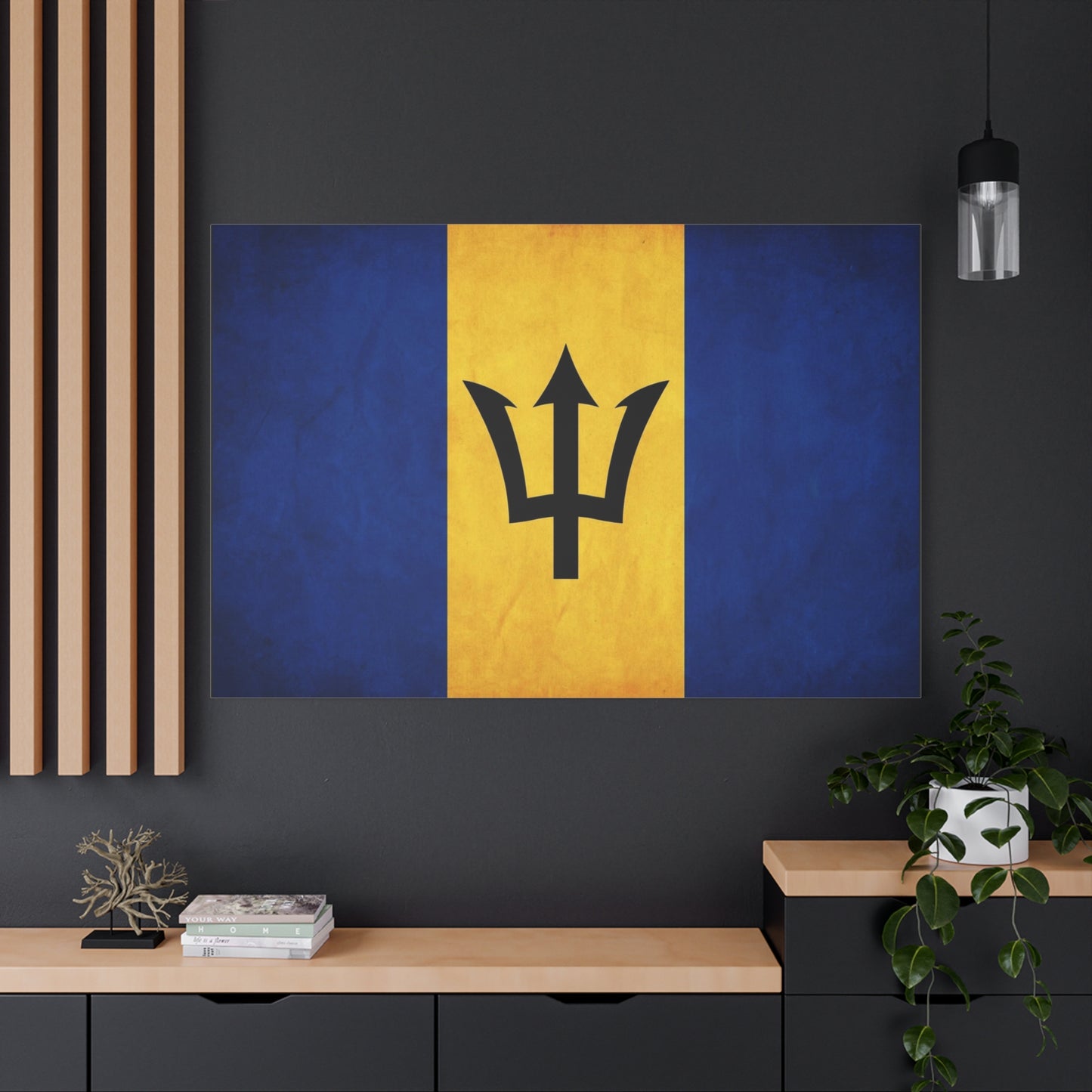 Barbados Flag Canvas Wall Art - Blue Gold Trident National Print, Caribbean Island Decor - Matte Cotton Artwork - Living Room Wall Decor, Office Accent - Bedroom Home Decoration - Ready to Hang