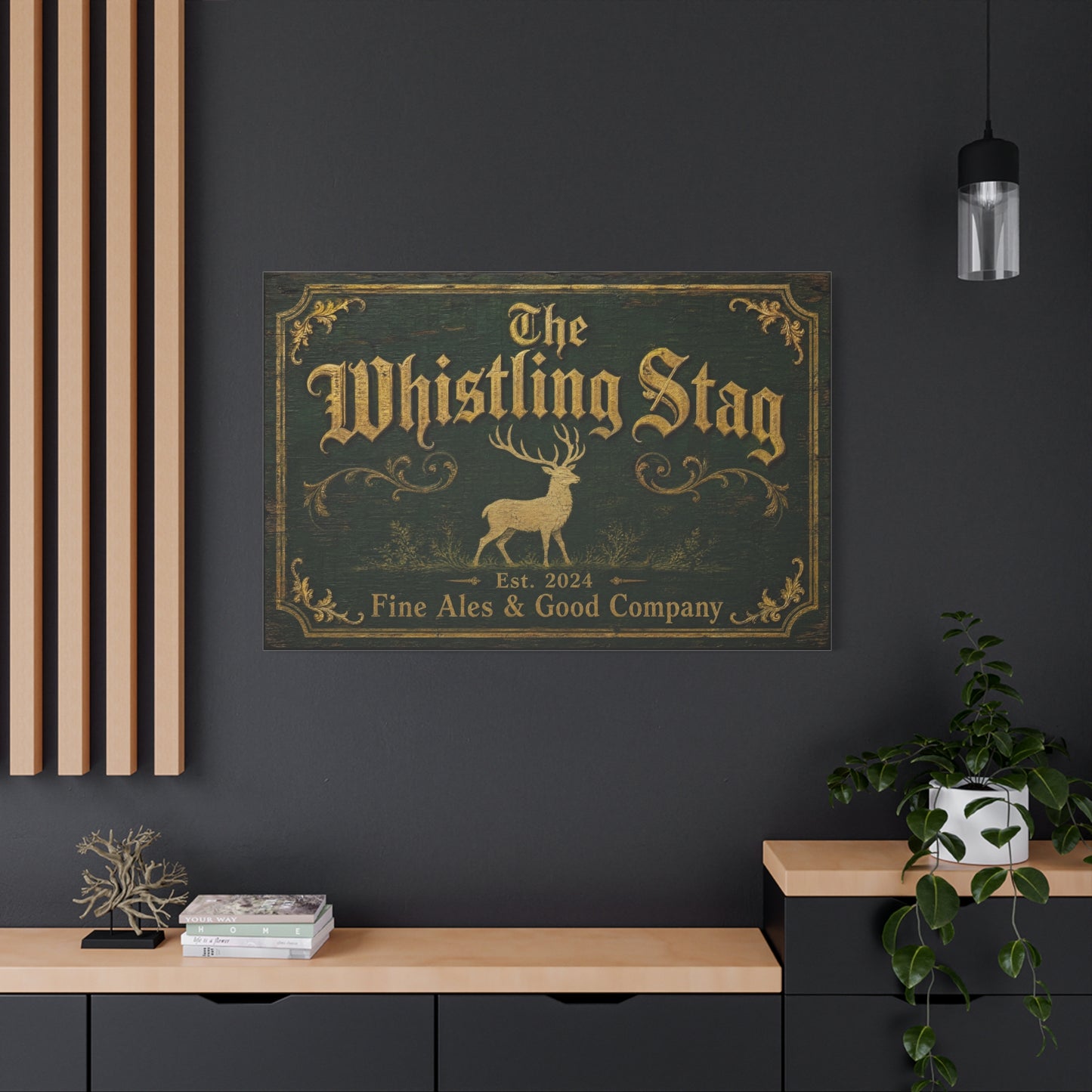 "The Whistling Stag" Canvas Wall Art - Vintage Deer Tavern Sign, Rustic Typography Print - Woodland Pub Style, Green And Gold - Bar Cart Accent - Ready to Hang - Pub Wall Art - Cocktail Lounge Decor
