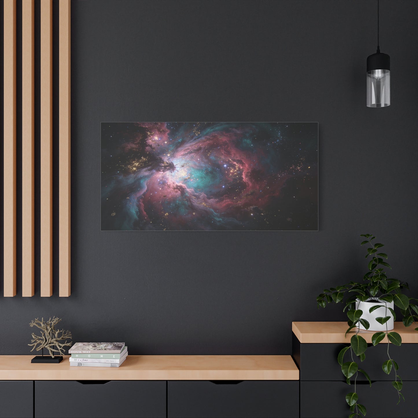 Cosmic Nebula Canvas Wall Art - Abstract Galaxy Space Cloud Canvas Print - Teal Pink Gold Celestial Swirl - Contemporary Panoramic Wall Decor - Living Room Bedroom Office Accent - Ready to Hang