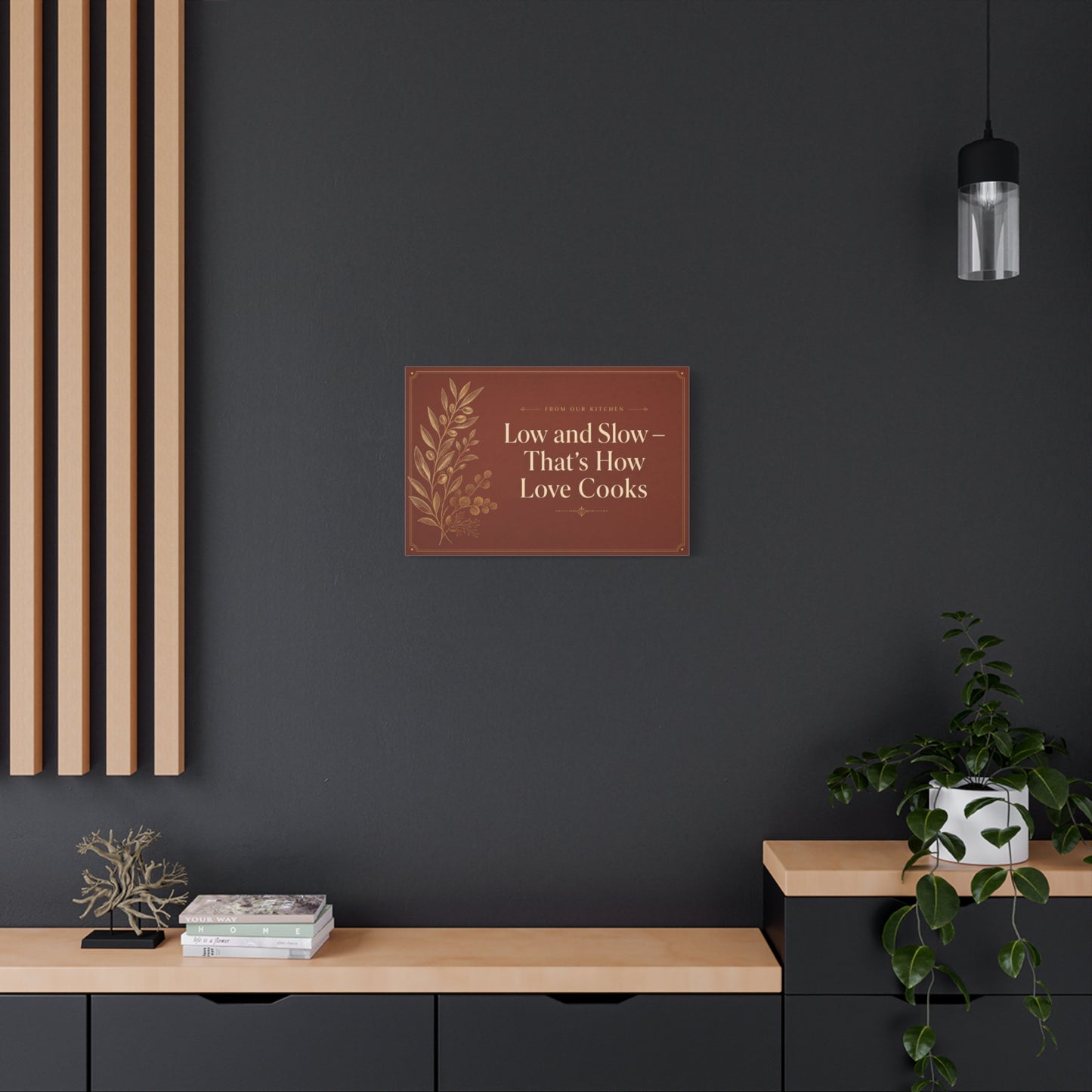 "Low And Slow - That's How Love Cooks" Kitchen Canvas Wall Art - Rustic Typography Botanical Print - Brown Farmhouse Dining Room Decor - Office Wall Art - Bedroom Home Decoration - Ready to Hang