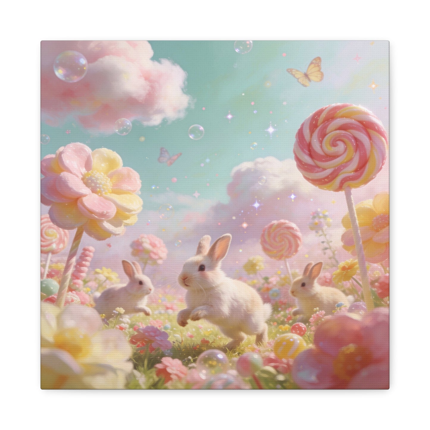 Bunny Candyland Canvas Wall Art - Pastel Rabbit Meadow, Lollipop Flowers, Dreamy Nursery Wall Decor - Whimsical Illustration - Bedroom Home Decoration, Kids Room Accent - Bedroom Home Decoration