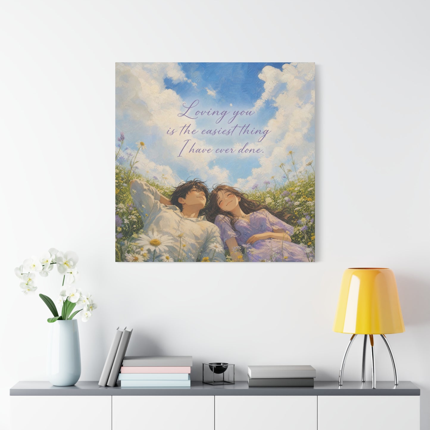 "Loving You Is The Easiest Thing I Have Ever Done." Canvas Wall Art - Romantic Couple In Wildflower Meadow Sky Quote Print - Dreamy Pastel Illustration - Ready to Hang - Living Room Wall Decor