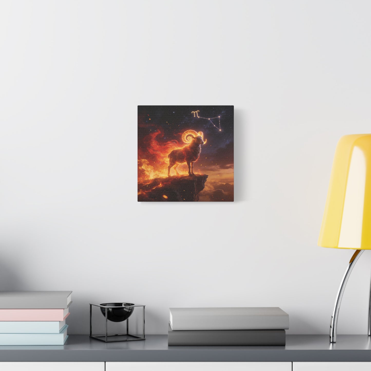 Aries Ram Canvas Wall Art - Fiery Zodiac Constellation Celestial Animal Print - Glowing Horns, Cosmic Night Sky - Contemporary Fantasy Style - Bedroom Home Decoration Office Wall Art - Ready to Hang