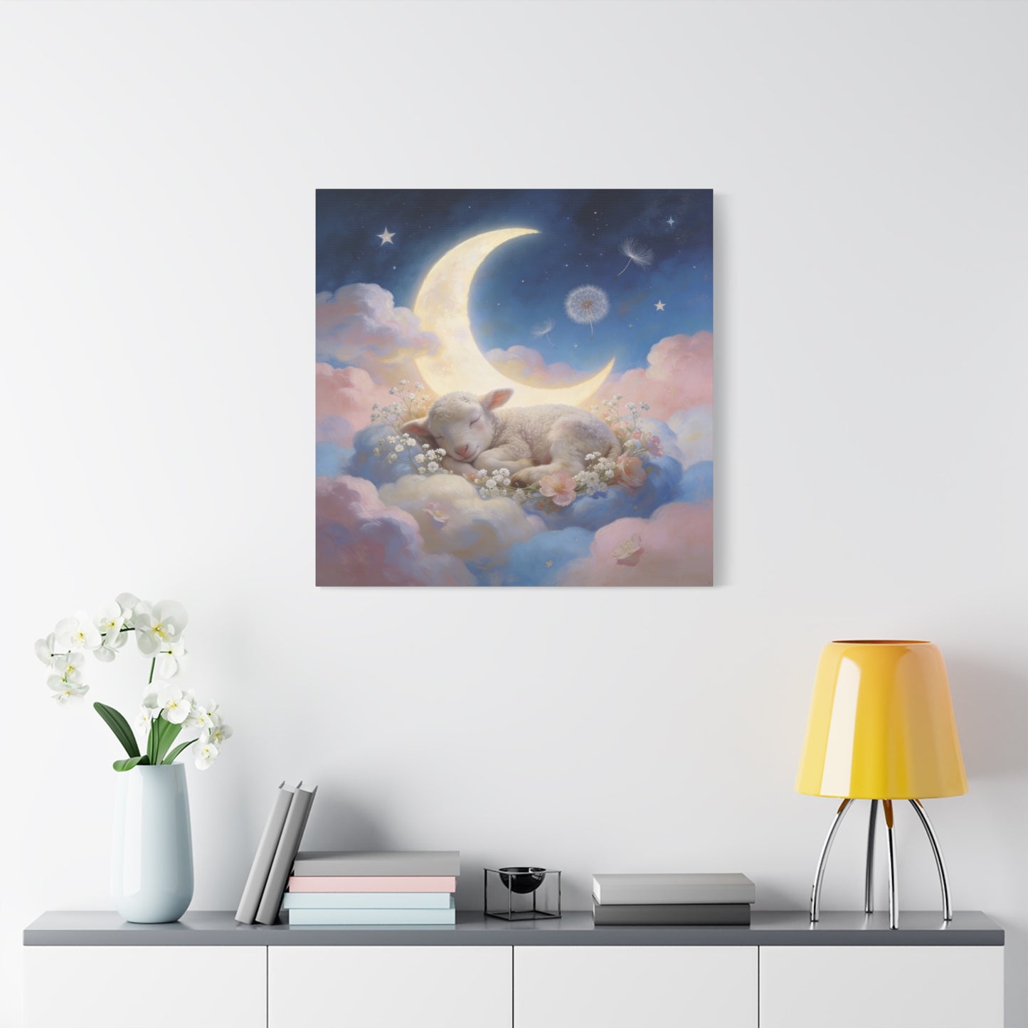 Sleeping Lamb Canvas Wall Art - Crescent Moon, Stars, Pink Clouds Nursery Decor - Dreamy Pastel Animal Painting, Bedroom Home Decoration, Bohemian Wall Hanging, Kids Room Accent - Ready to Hang