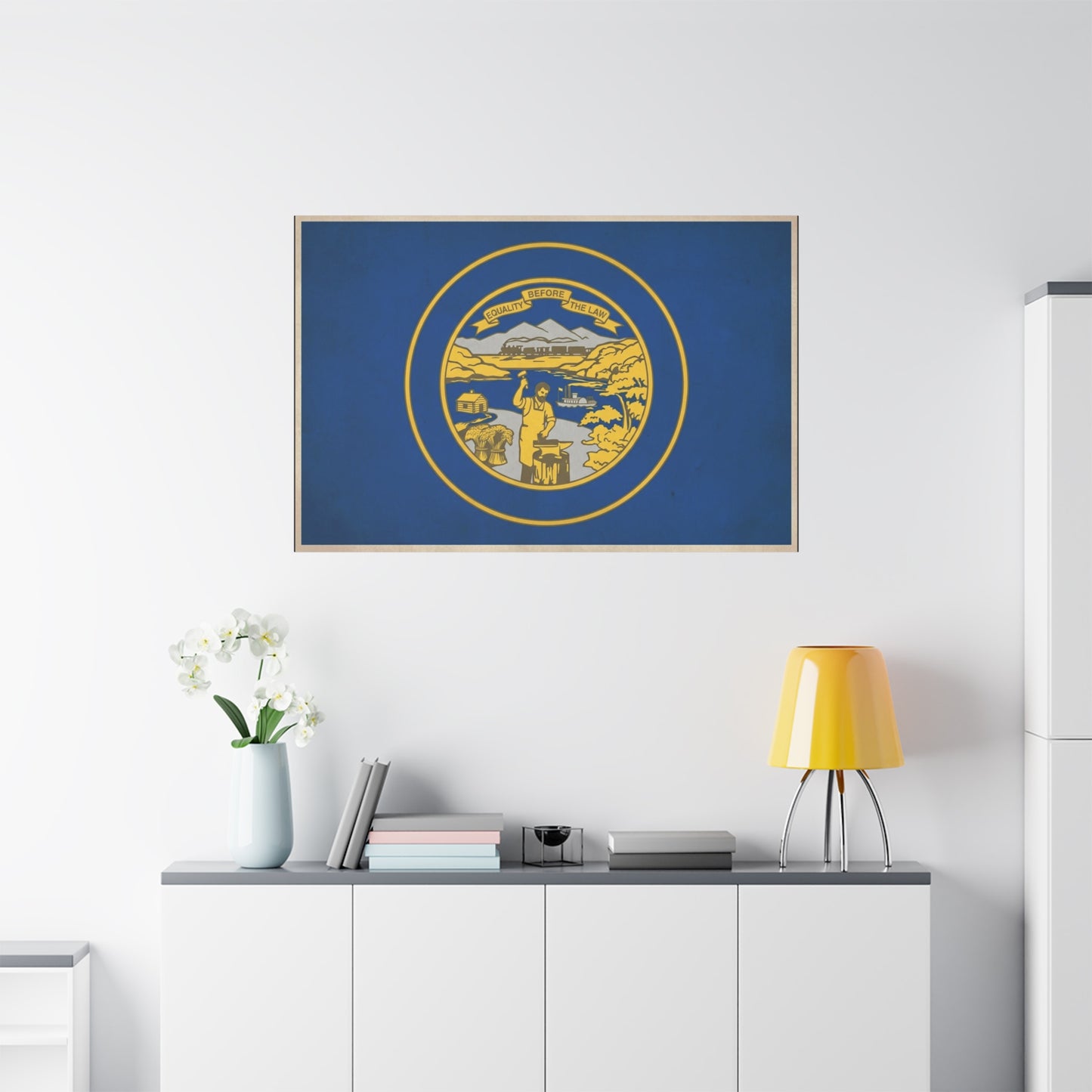 "Equality Before The Law" Kansas State Flag Canvas Wall Art - Blue Gold Sunflower State Seal Print - Vintage Americana Style, Living Room Wall Decor, Office Home Decoration - Bedroom Home Decoration