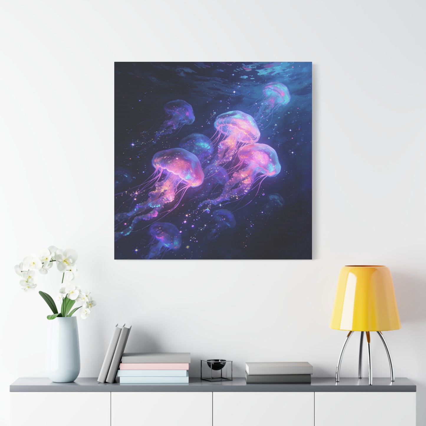 Glowing Jellyfish Canvas Wall Art - Ocean Fantasy Sea Life Decor, Luminous Pink Blue Artwork - Matte Canvas Print, Contemporary Style - Bedroom Wall Decor, Meditation Space Accent - Ready to Hang