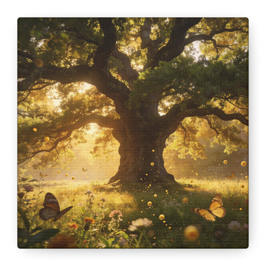 Sunlit Oak Tree Canvas Wall Art - Golden Meadow Butterflies, Nature Landscape Print - Matte Cotton Art Print, Traditional Style - Living Room Wall Decor, Bedroom Home Decoration - Ready to Hang