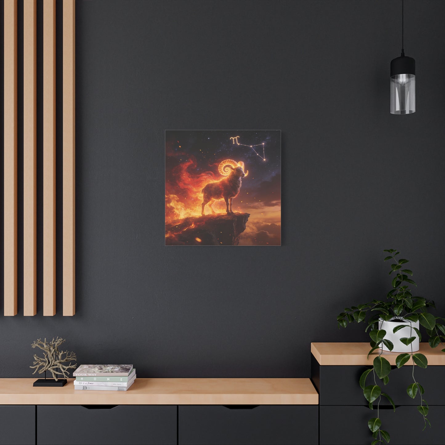 Aries Ram Canvas Wall Art - Fiery Zodiac Constellation Celestial Animal Print - Glowing Horns, Cosmic Night Sky - Contemporary Fantasy Style - Bedroom Home Decoration Office Wall Art - Ready to Hang