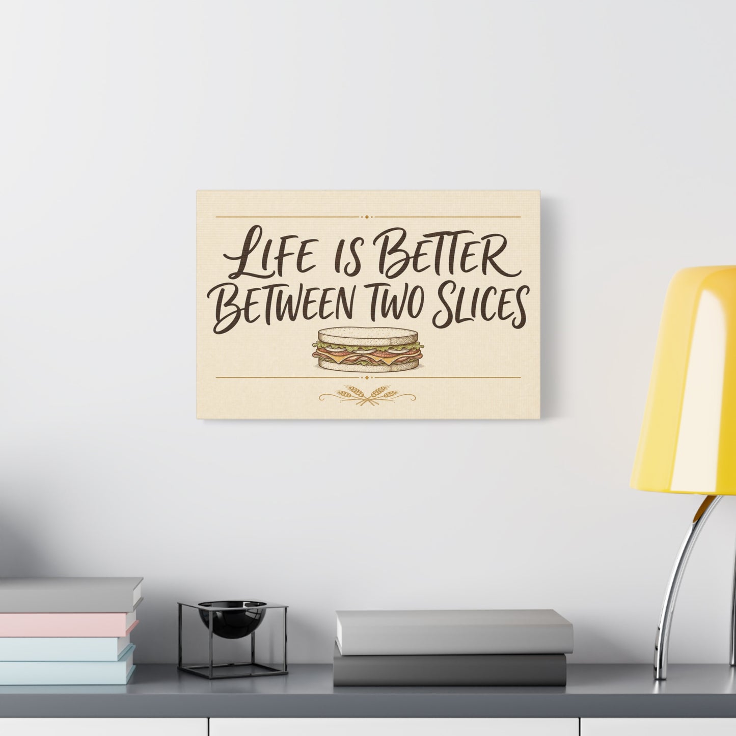 "Life Is Better Between Two Slices" Sandwich Canvas Wall Art - Funny Quote Print, Vintage Farmhouse Style, Beige Food Illustration - Ready to Hang - Ready to Hang - Deli Wall Decor - Diner Decor