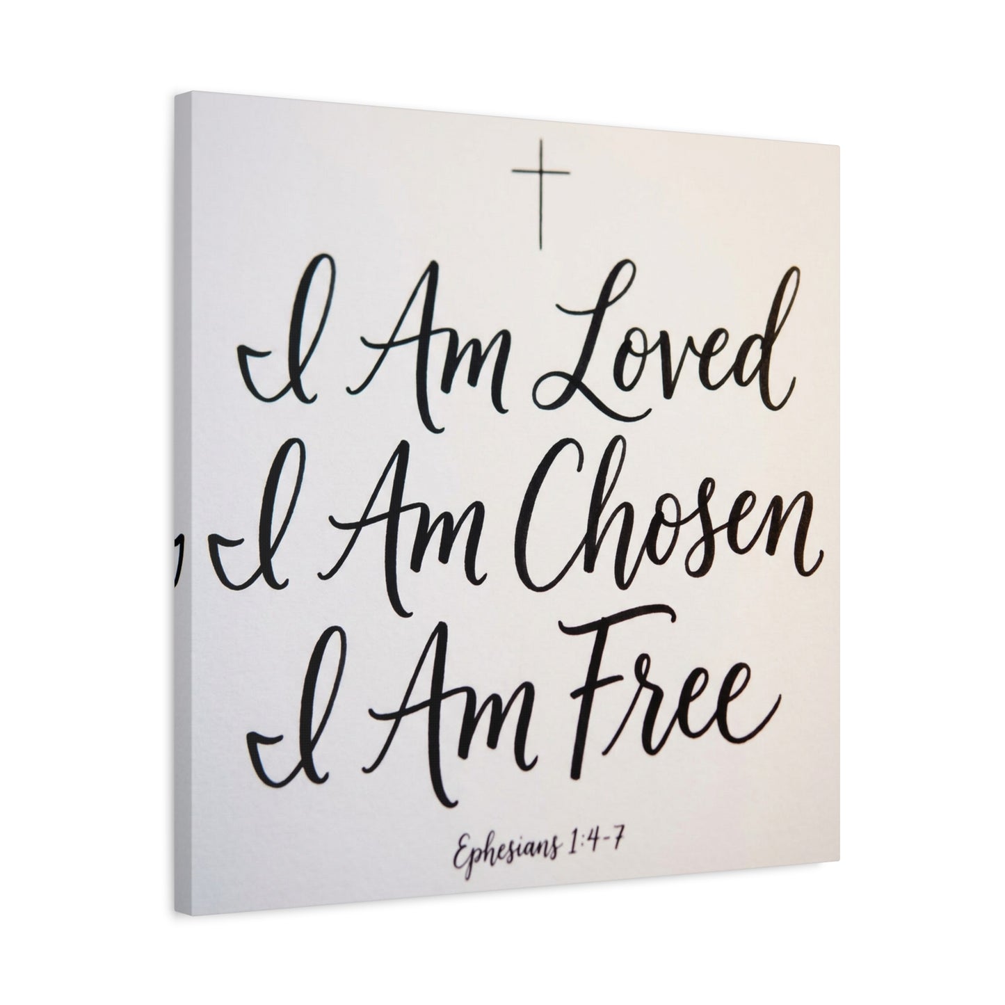 "I Am Loved, Chosen, Free" Christian Canvas Wall Art - Ephesians 1:4-7 Scripture Cross Print - Neutral Typography Decor - Bedroom Home Decoration, Living Room Wall Decor - Ready to Hang