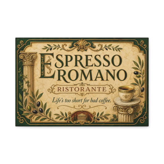 "Espresso Romano" Canvas Wall Art - "Life's Too Short For Bad Coffee." Vintage Italian Cafe Decor, Olive Branches, Roman Columns, Espresso Cup - Coffee Shop Decor - Cafe Wall Art - Ready to Hang