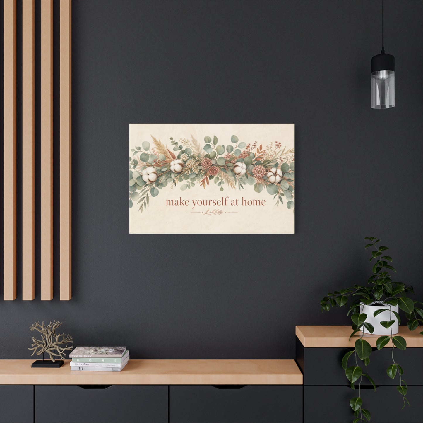 "Make Yourself At Home" Botanical Canvas Wall Art - Eucalyptus Cotton Stem Floral Quote Print - Rustic Farmhouse Style - Living Room Wall Decor - Modern Farmhouse Style - Bedroom Home Decoration