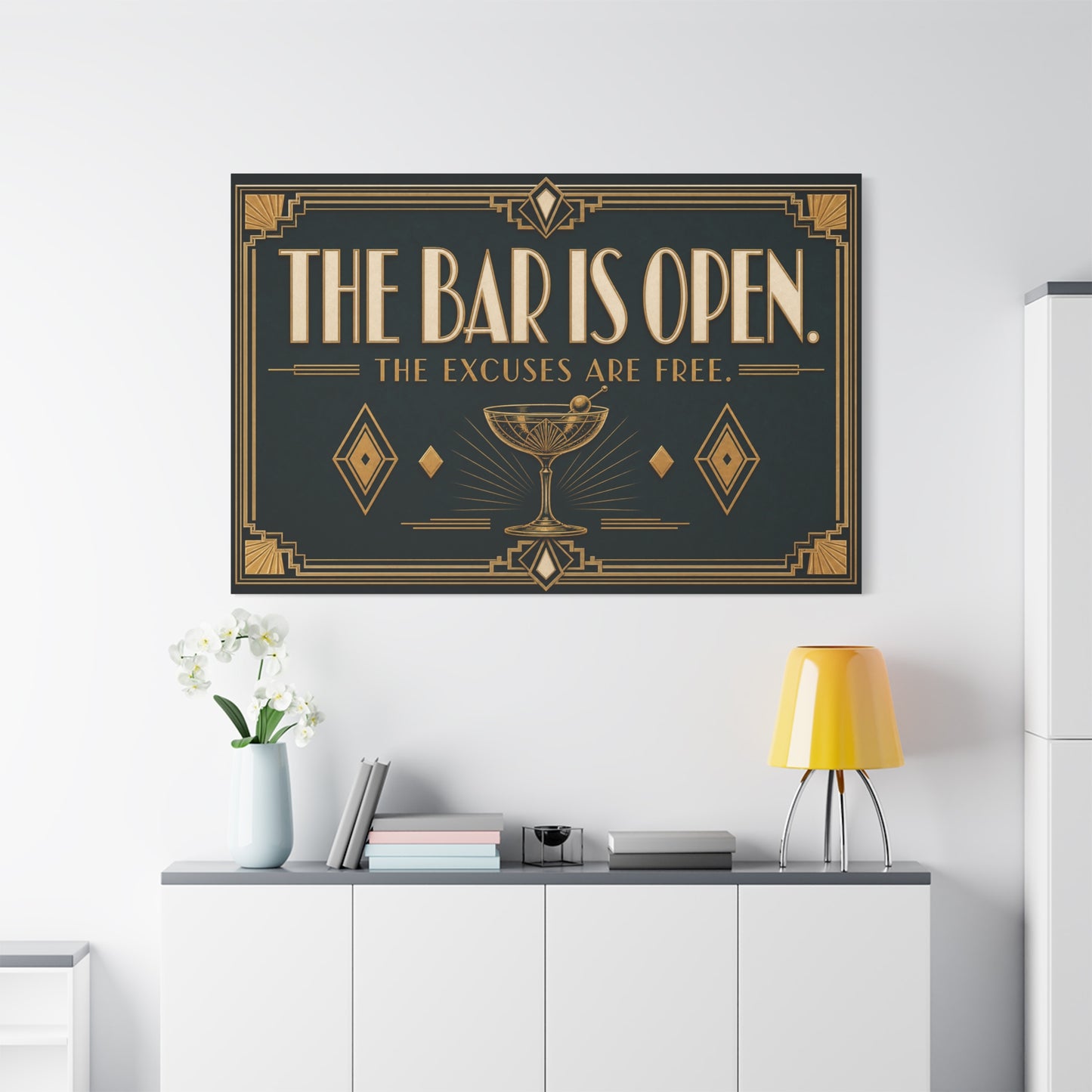 "The Bar Is Open. The Excuses Are Free." Art Deco Canvas Wall Art - Cocktail Lounge Quote Print, Vintage Bar Cart Decor, Speakeasy Style - Ready to Hang - Tavern Wall Decor - Speakeasy Style Sign