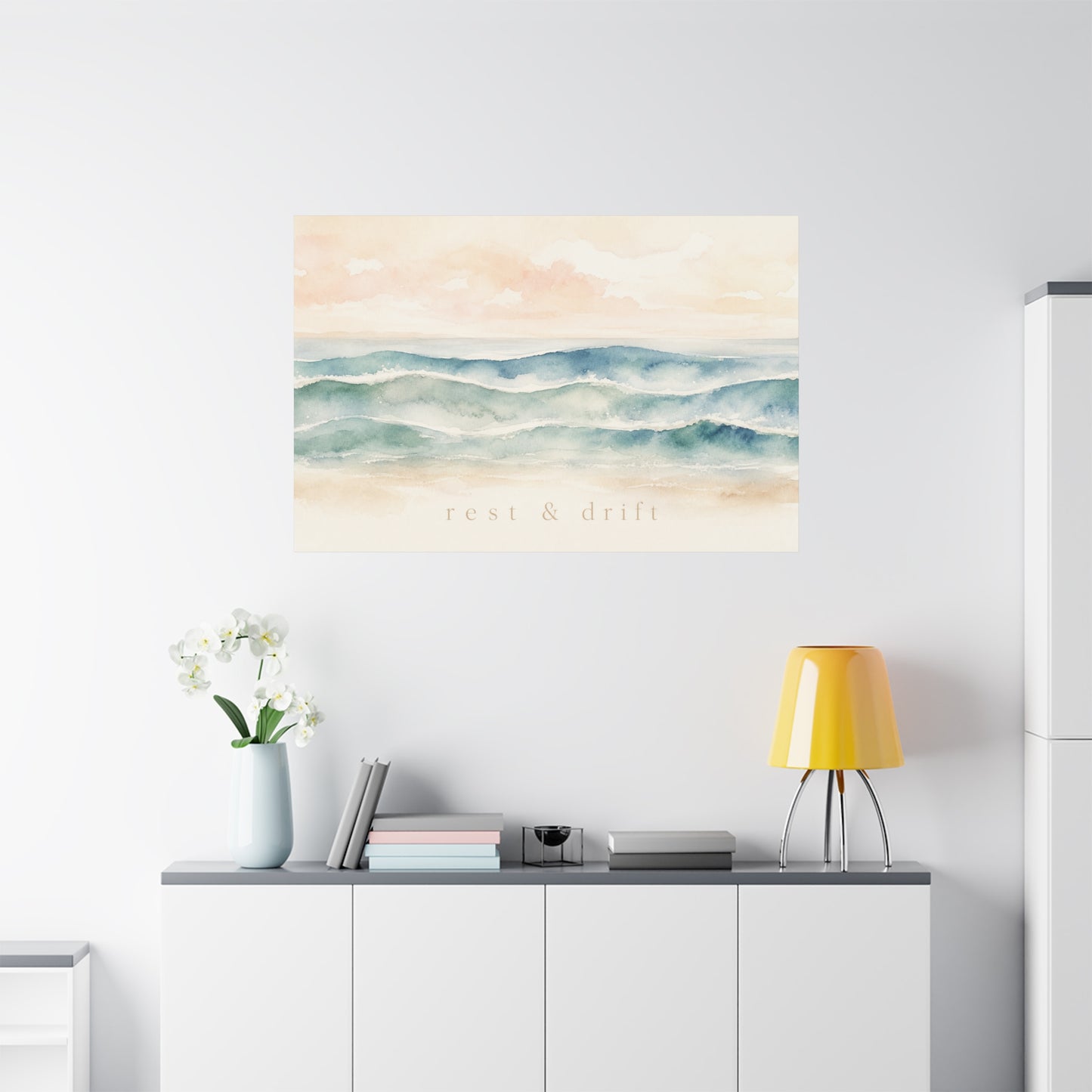 "Rest & Drift" Coastal Ocean Waves Canvas Wall Art - Watercolor Seascape Beach Decor - Serene Pastel Blue And Peach - Bedroom Home Decoration, Living Room Accent, Jellyfish Room Decor - Ready to Hang