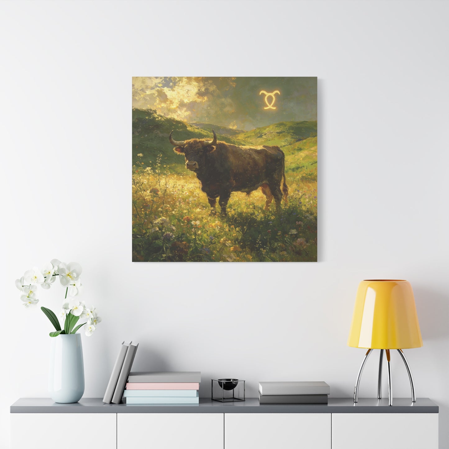 Taurus Bull Canvas Wall Art - Golden Meadow Landscape Painting, Zodiac Symbol, Rustic Contemporary Cotton Canvas Print, Living Room Wall Decor, Bedroom Home Decoration, Office Art Accent