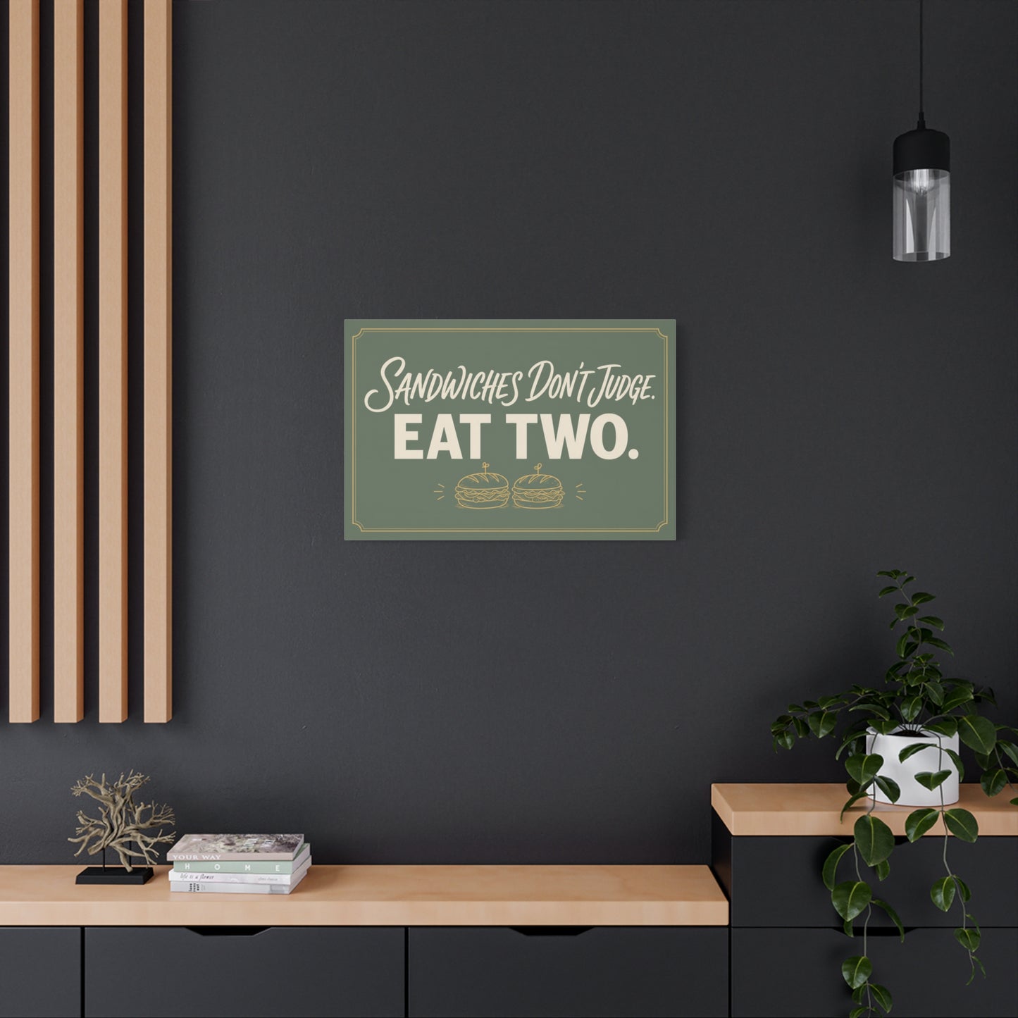 "Sandwiches Don't Judge. Eat Two." Funny Canvas Wall Art - Retro Typography Food Quote Print, Sage Green - Modern Farmhouse Style - Deli Wall Decor - Sandwich Shop Sign - Diner Decor - Ready to Hang