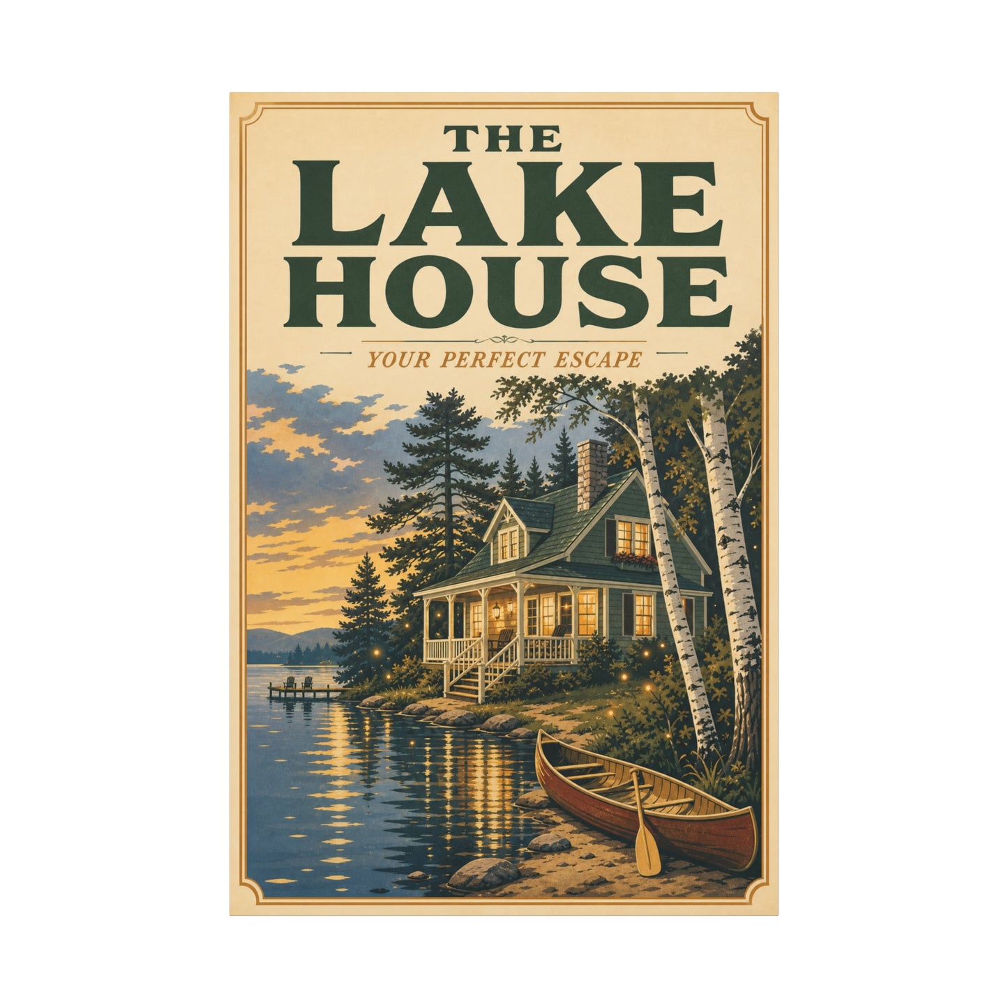 "The Lake House Your ideal Escape" Canvas Wall Art - Vintage Lakeside Cabin, Canoe And Birch Trees - Rustic Landscape Print - Living Room Wall Decor, Cabin Home Decoration - Bedroom Home Decoration