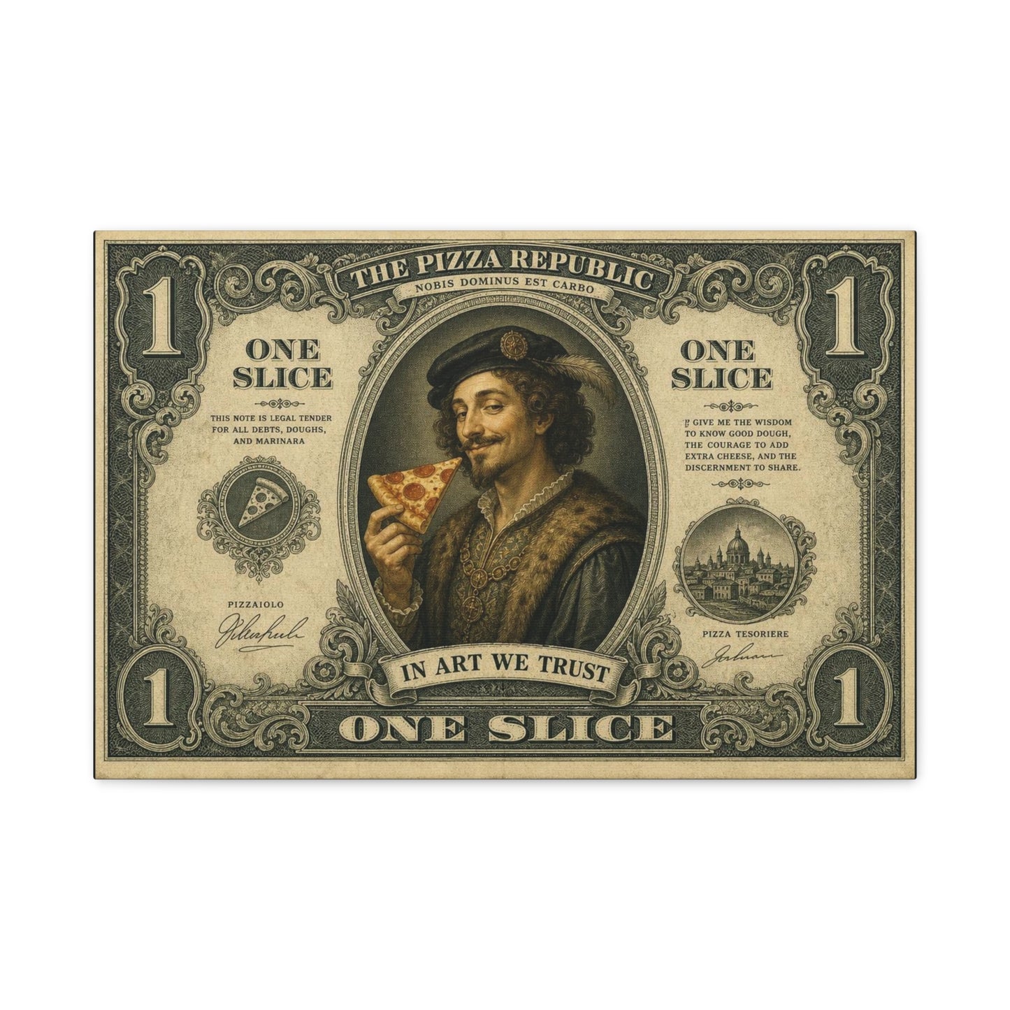 "The Pizza Republic" One Slice Vintage Canvas Wall Art - Renaissance Pizza Portrait, Typography Money Note Design - Matte Cotton Print - Kitchen Decor, Cafe Wall Decor - Bedroom Home Decoration