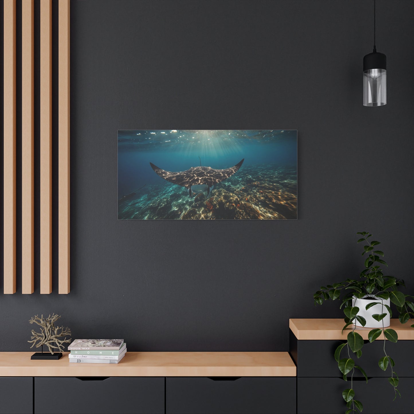 Manta Ray Canvas Wall Art - Underwater Ocean Art Print, Blue Coral Reef Seascape - Matte Cotton Canvas Print - Coastal Wall Decor, Living Room Home Decoration, Office Art - Bedroom Home Decoration