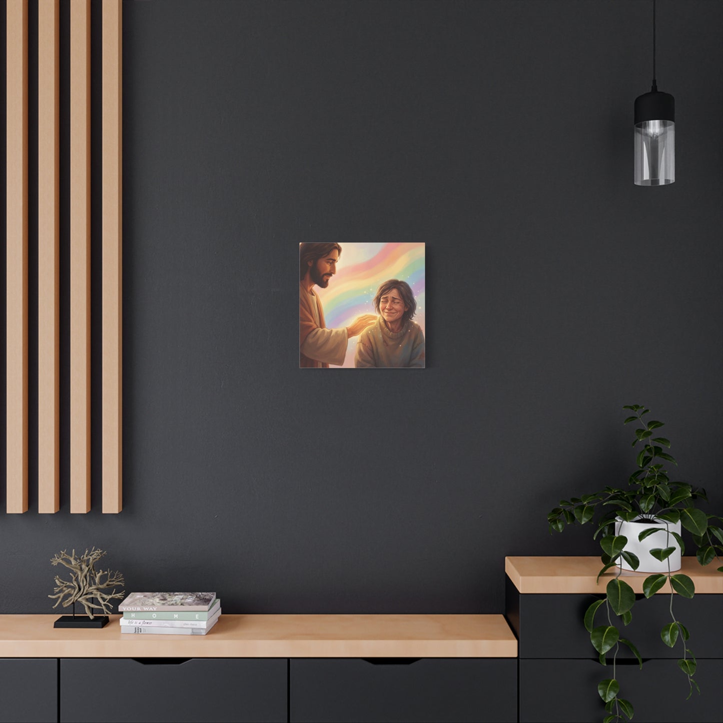 Jesus Christ Comforting Woman Canvas Wall Art - Rainbow Christian Wall Decor, Faith Home Decoration - Matte Canvas Print, Inspirational Religious Artwork - Living Room Bedroom Office - Ready to Hang