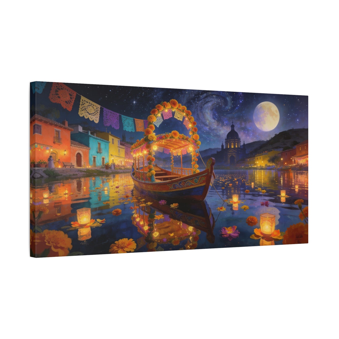 Moonlit Marigold Boat Canvas Wall Art - Colorful Festival Lake Scene, Full Moon Night Sky - Matte Cotton Art Print - Bohemian Living Room Wall Decor, Bedroom Home Decoration - Bedroom Home Decoration