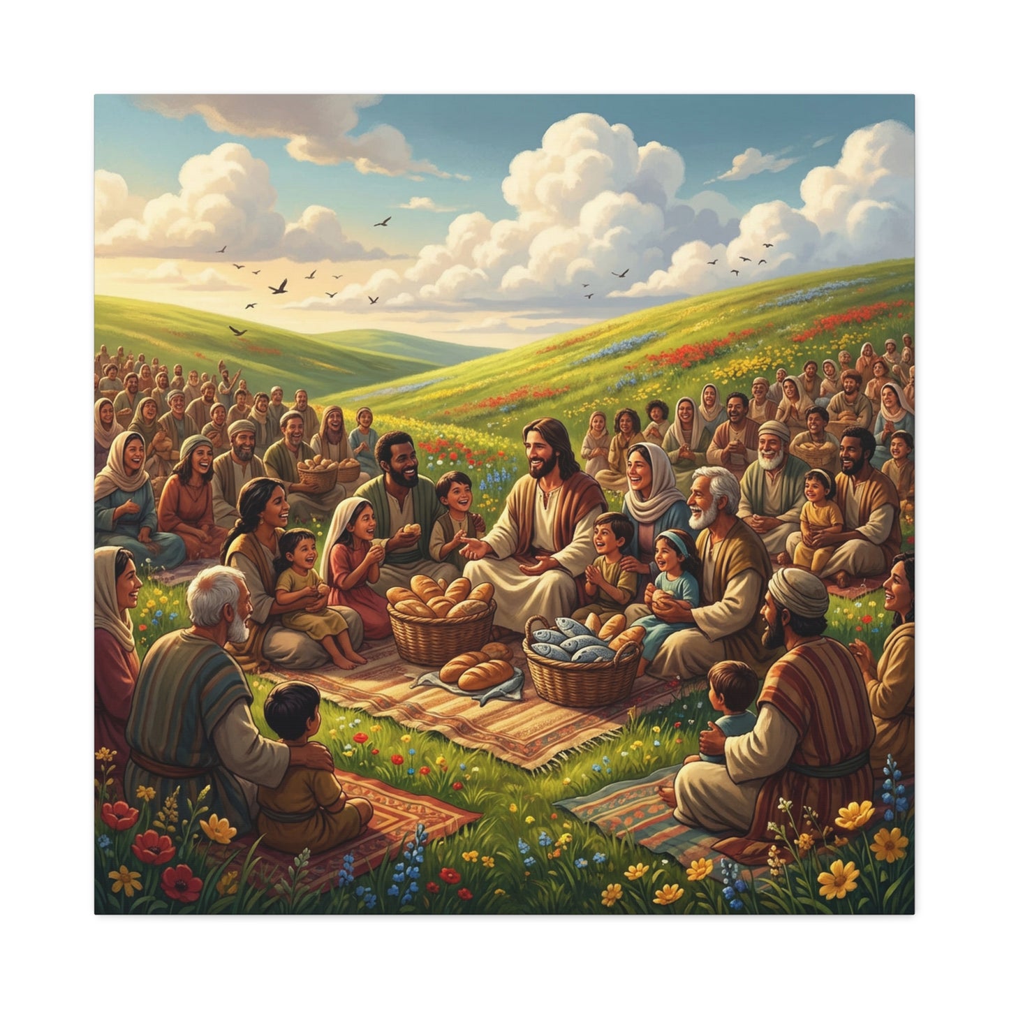 Jesus Feeding The Multitude Canvas Wall Art - Bread And Fish Biblical Scene - Meadow Landscape Christian Home Decor - Matte Cotton Print For Living Room, Bedroom, Office, Meditation Space